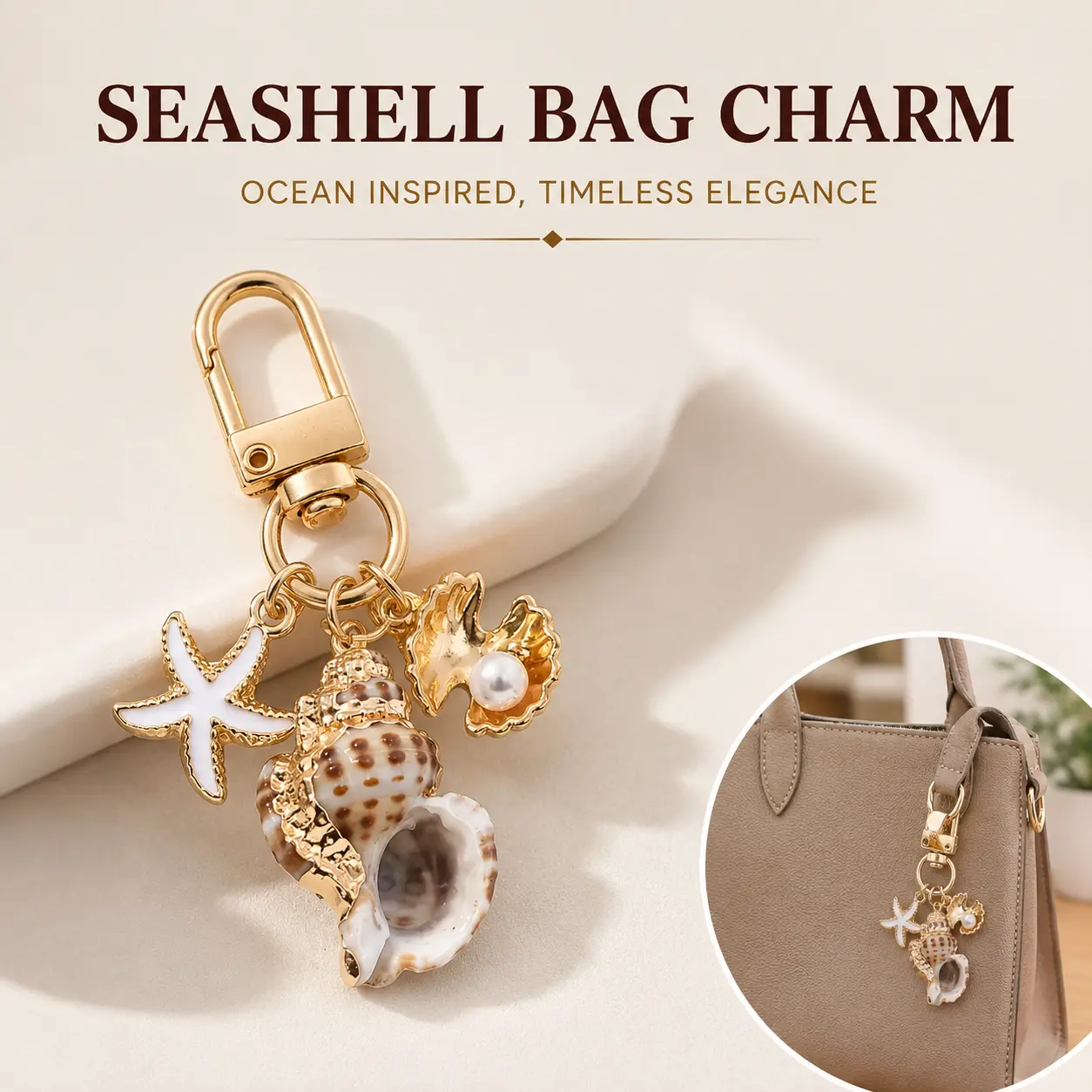Seashell Starfish Bag Charm Pendants, Gold Starfish & Pearl Shell Bag Chain Charms, Beachy Coastal Bag Decoration Keychain, Summer Ocean-Inspired Bag Pendant for Backpack Purse, Purse Accessories, Durable Material-YY0