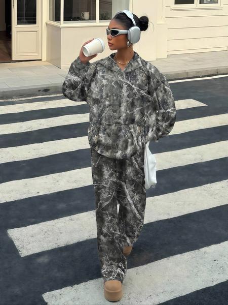Women's Casual Fall Winter Hoodie Set, Camouflage Print, Elastic Waist Pants, Loose Fit, Thick Fabric, Daily Wear
