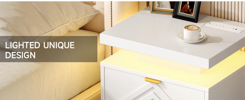 【Valentine's Day gift】ONBRILL White Nightstand with Charging Station and LED Lights, Smart Night Stand, Modern Bedside Table with Drawers, RGB Lights, Power Outlets, USB and Type-C Ports, End Side Table for Bedroom Office