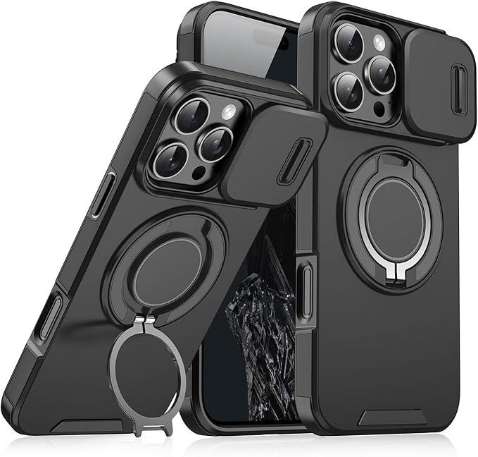 Case with Slide Camera Cover for iPhone 16 15 14 13 12 Pro Max, Rotated Ring Kickstand Military Grade Shockproof Protective Cover Rugged Heavy Duty For Men Women