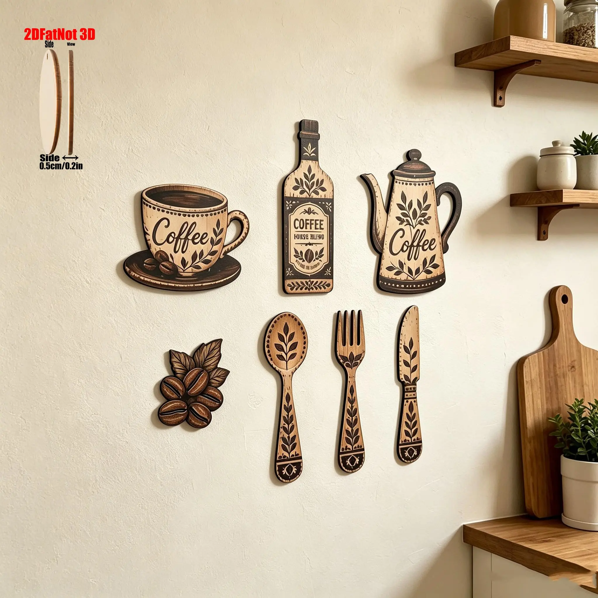 7 Pieces Coffee-Themed Wooden Kitchen Wall Decor, Vintage Country Style Wall Hangings Featuring Coffee Cups, Coffee Pots, Coffee Beans, Suitable for Kitchens and Cafés, Decorative Wall Art, Decoration Items