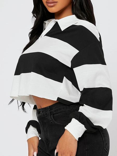Women's Casual Striped Long Sleeve Shirt Collar Top, Fitted Woven Fabric, All Season Wear, Comfortable Commuter Style Tee, Casual Fashion Shirt, Womenswear
