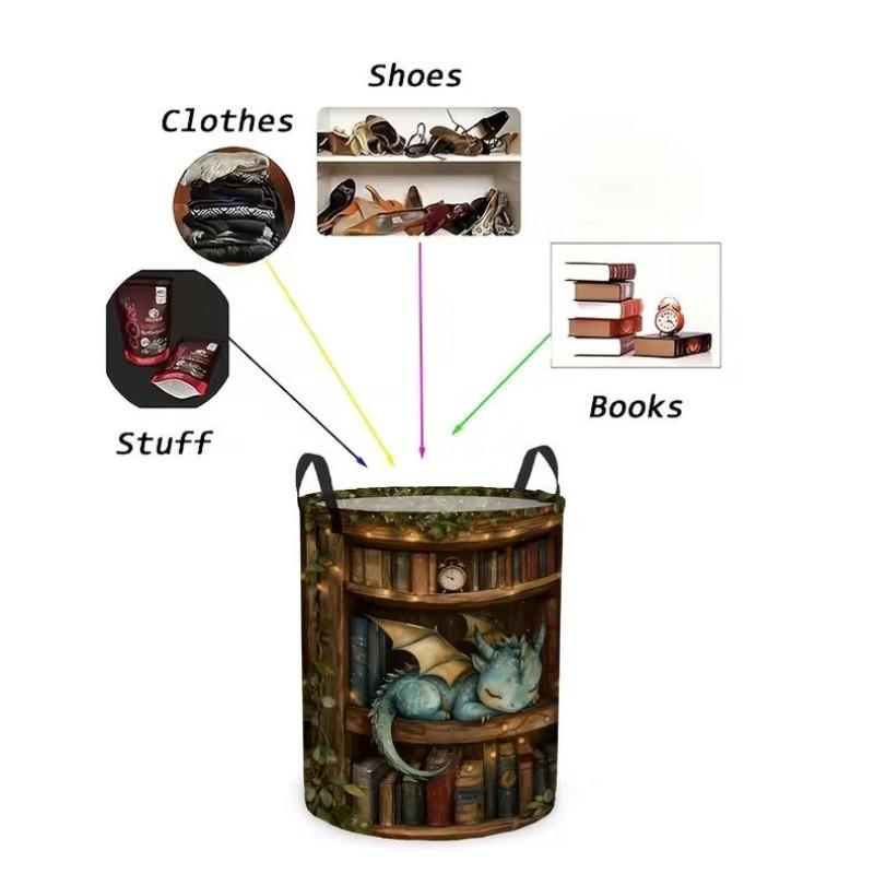 1pc Round Laundry Basket, Cozy Bookshelf Dragon Pattern, Spacious Laundry Basket, Collapsible Laundry Basket Easy Storage, Durable Polyester Material, Dorm And Laundry Room Storage, Versatile Storage Solution, Laundry Baskets, Shelf Baskets