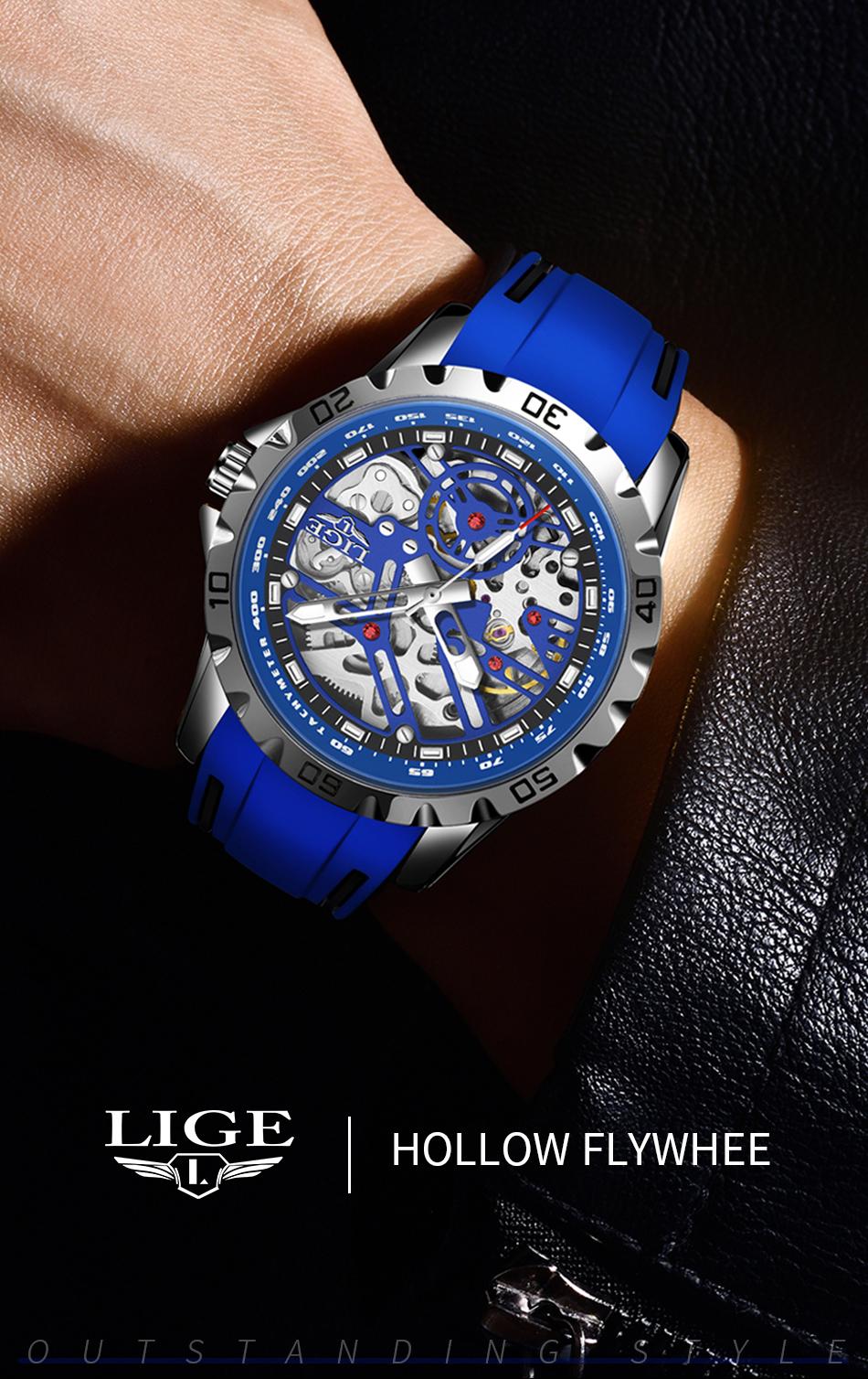 Lige Men's Mechanical Watch, 43mm stainless steel case, 30-meter water resistance, luminous at night, Skeleton Machinery design.