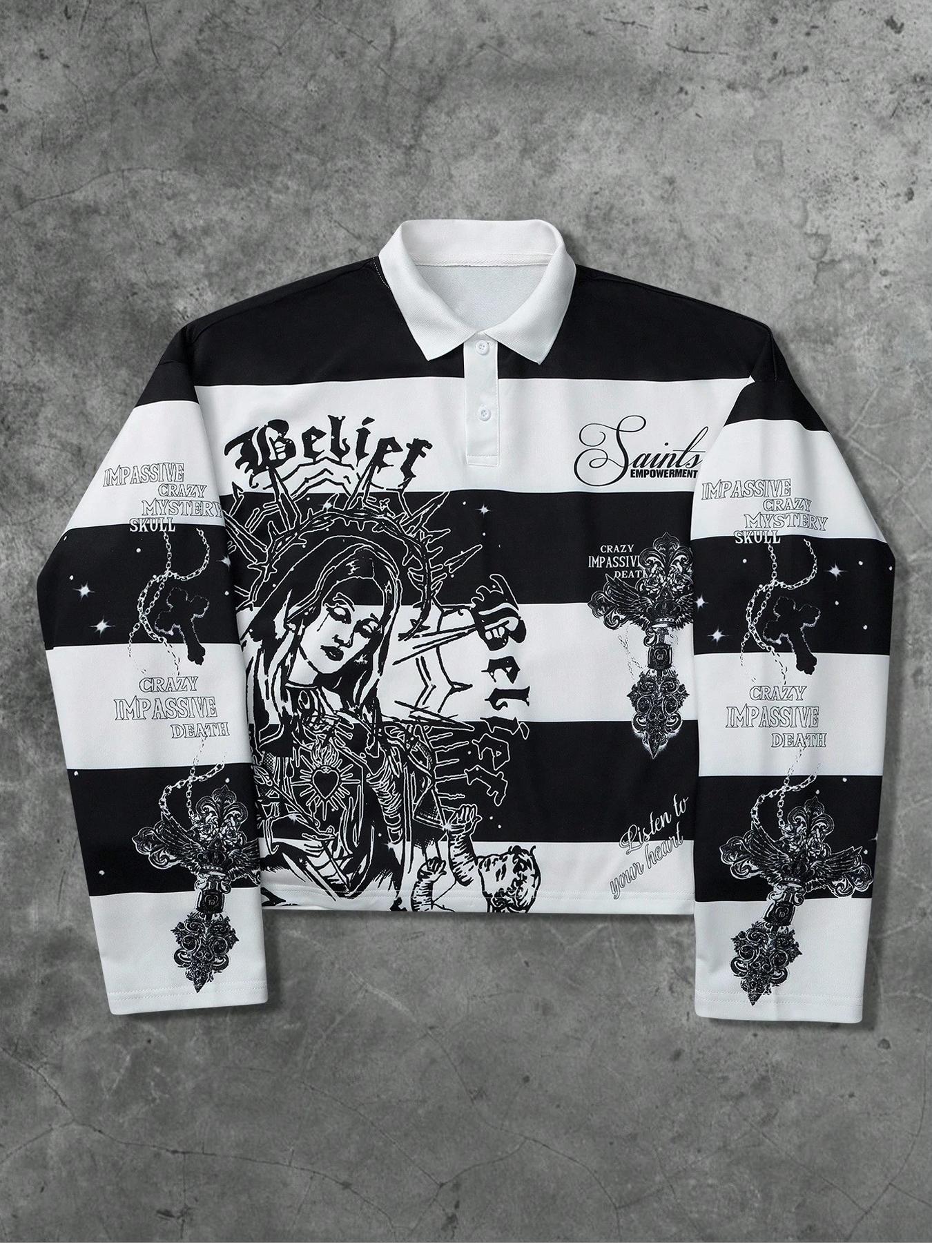 Men’s Gothic Saint Graphic 2-Piece Set – Striped Long Sleeve Polo & Loose Fit Shorts | Dark Streetwear Outfit