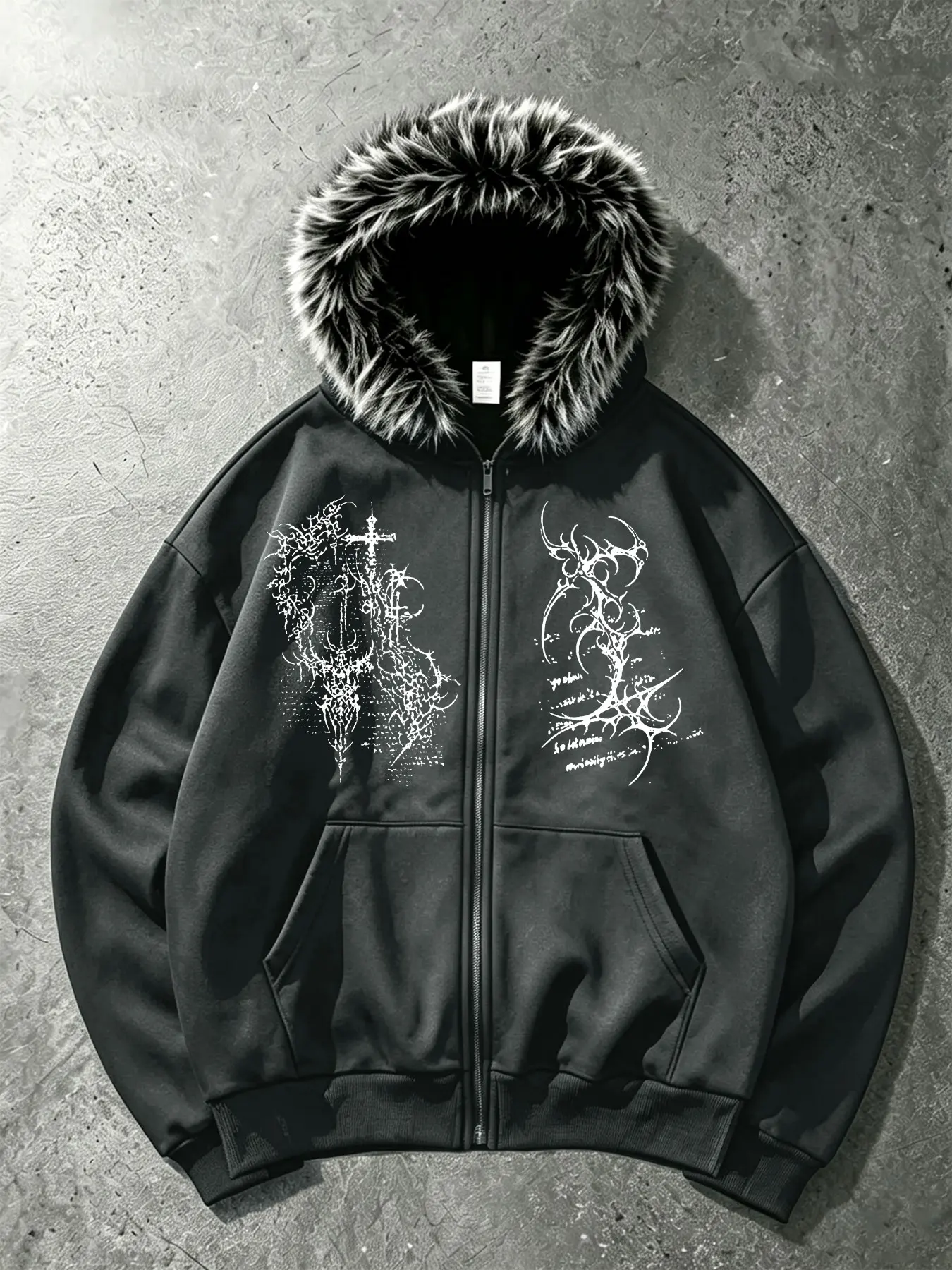 Men's Faux Fur Collar Zipper Hoodie Jacket, Loose Fit Warm Gothic Cross Lily Print, Street Style Outerwear, Y2K Dark Color Clothing