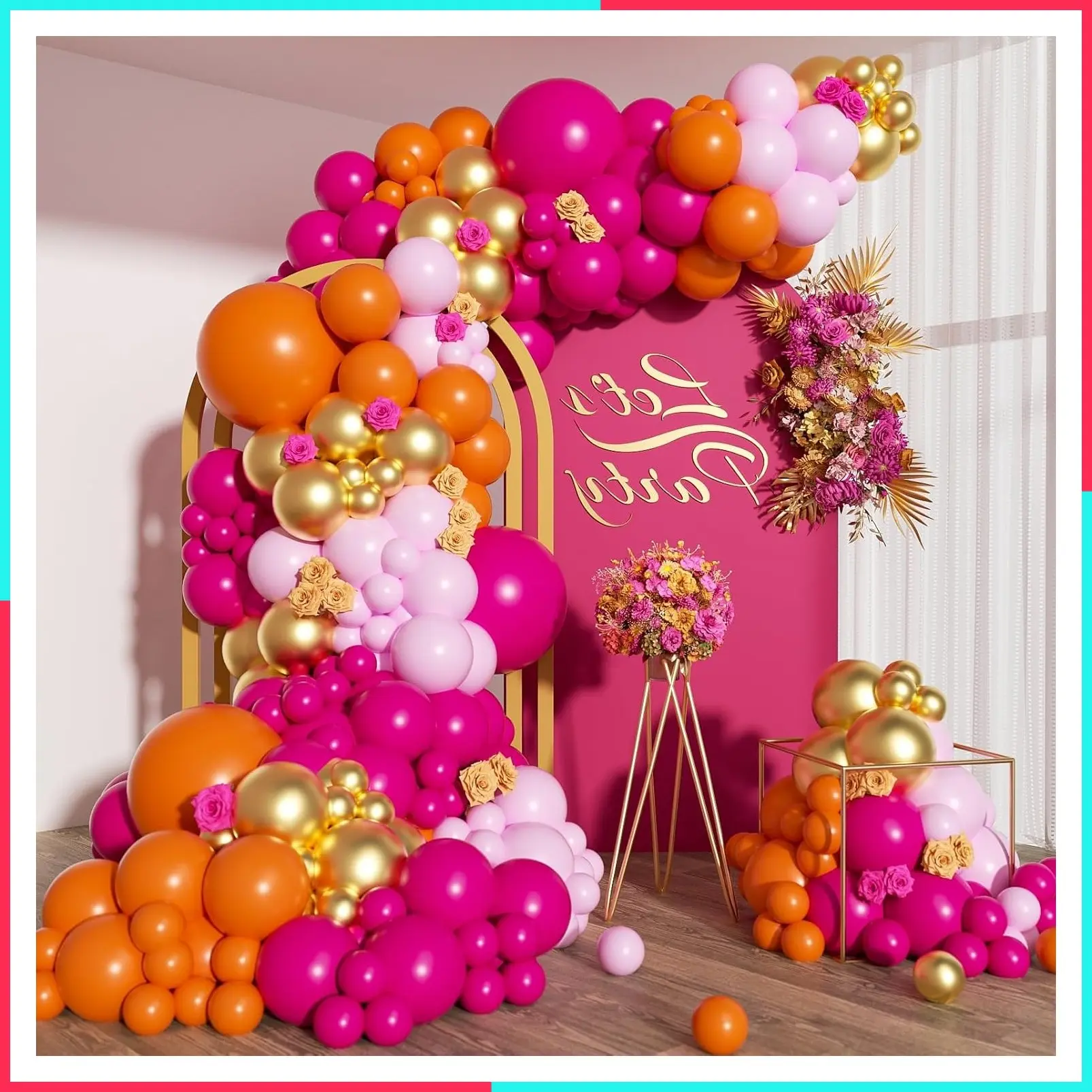 203pcs Pink Orange Balloon Arch Kit with Hot Pink Metallic Gold Latex Balloons