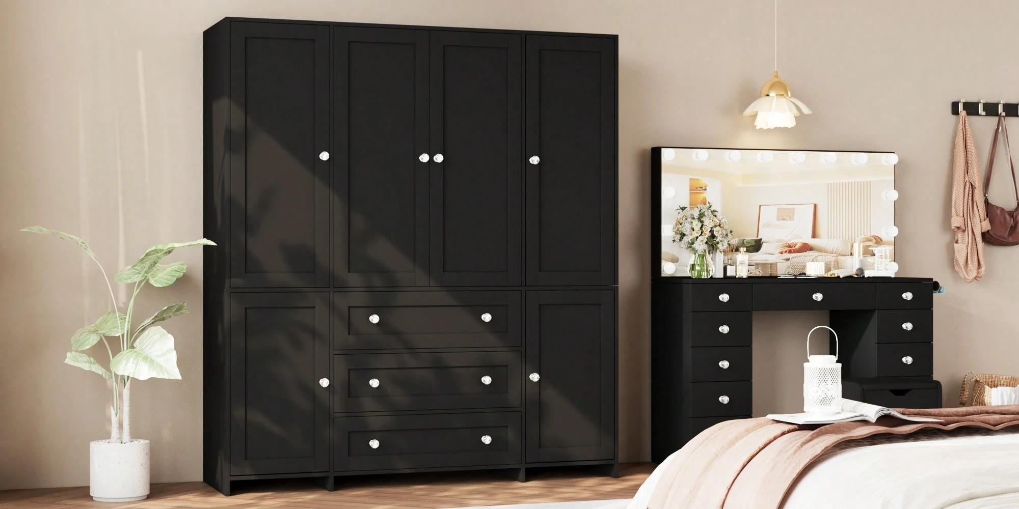 71" Large Wardrobe Closet With Mirror, Freestanding Bedroom Armoire With 3/6 Large Drawers & 2/4 Doors, Clothes Storage Organizer Cabinet For Bedroom