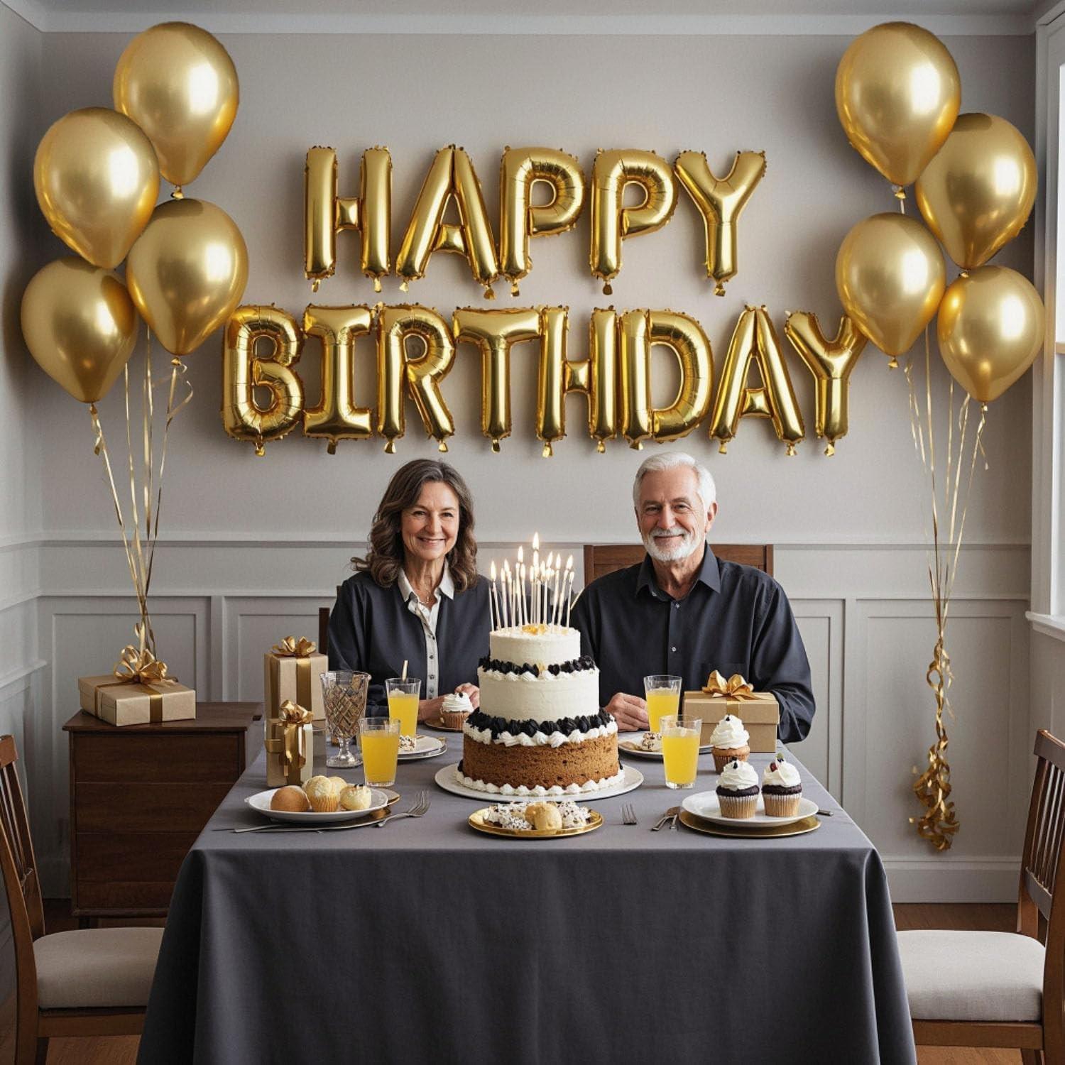 29 Pcs Gold Birthday Decorations, 3D Foil Gold Happy Birthday Balloon Banner, Pentagram Heart Foil Balloons Confetti Balloons Kit For Boys Girls Birthday Party Supplies