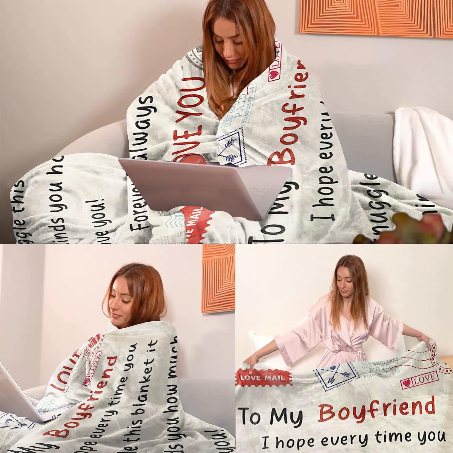 To My Boyfriend Letter Pattern Blanket, Letter Print Blanket, 1 Count Soft Comfortable Throw, Air-Conditioned Room Blanket, Warm Nap Blanket for Home Office, Valentine's Day Gift