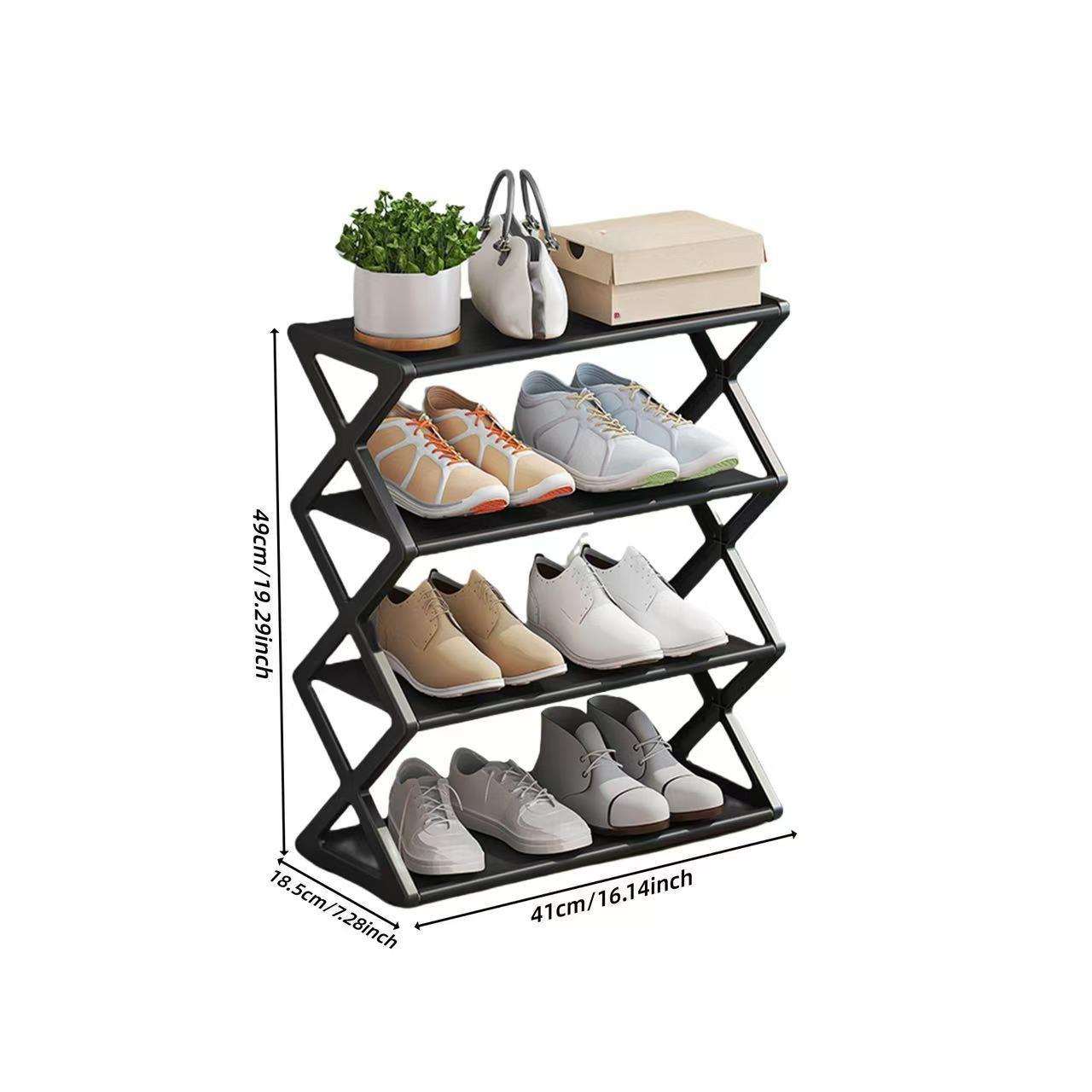 4 Layer Foldable Shoe Rack, Space Saving Storage Solution, X Frame Vintage Style, No Assembly Needed, for Porch, Closet, Kitchen