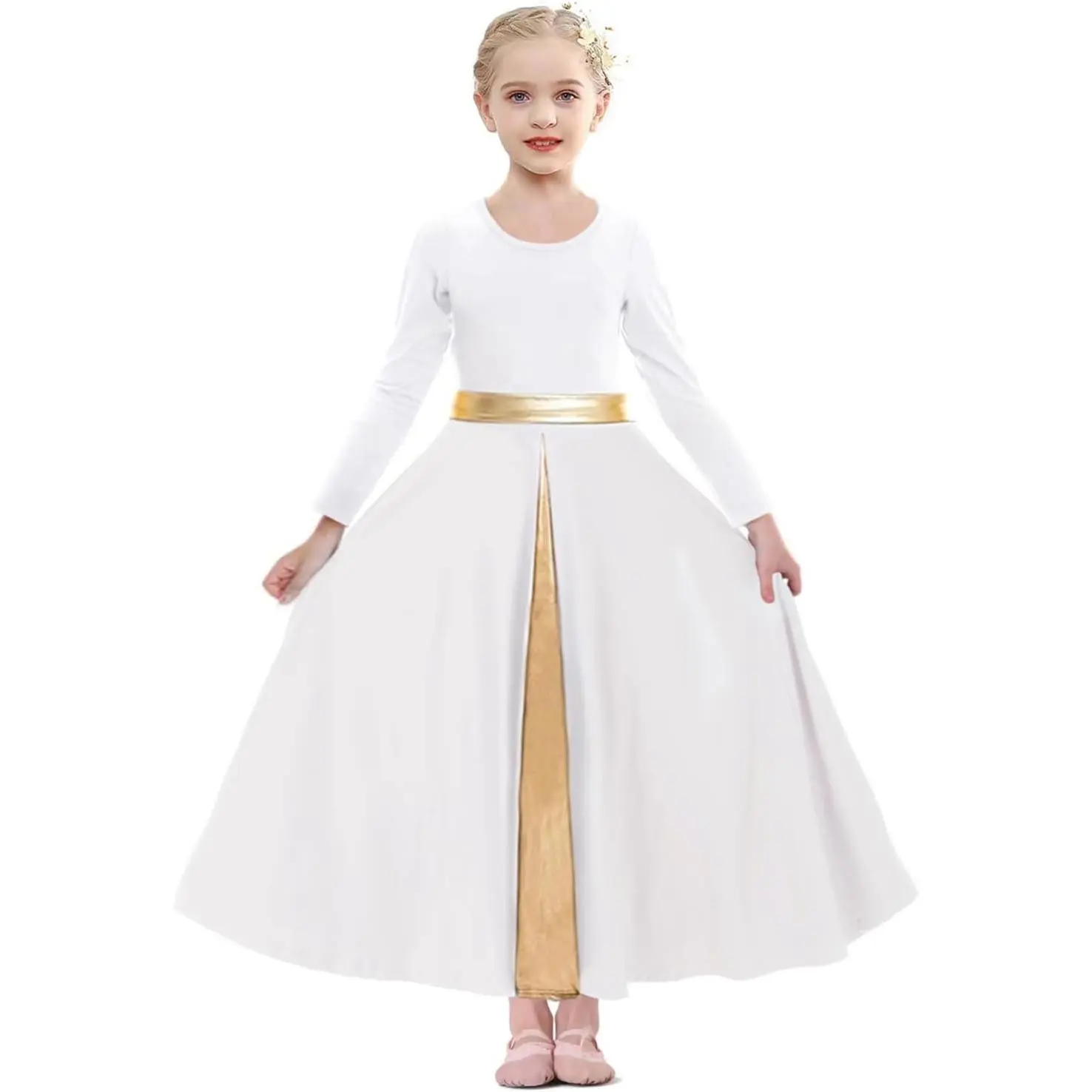 Girls' Long-Sleeve Praise Dance Dress with Swing Skirt - Liturgical Wear, Church Worship Costume Robe