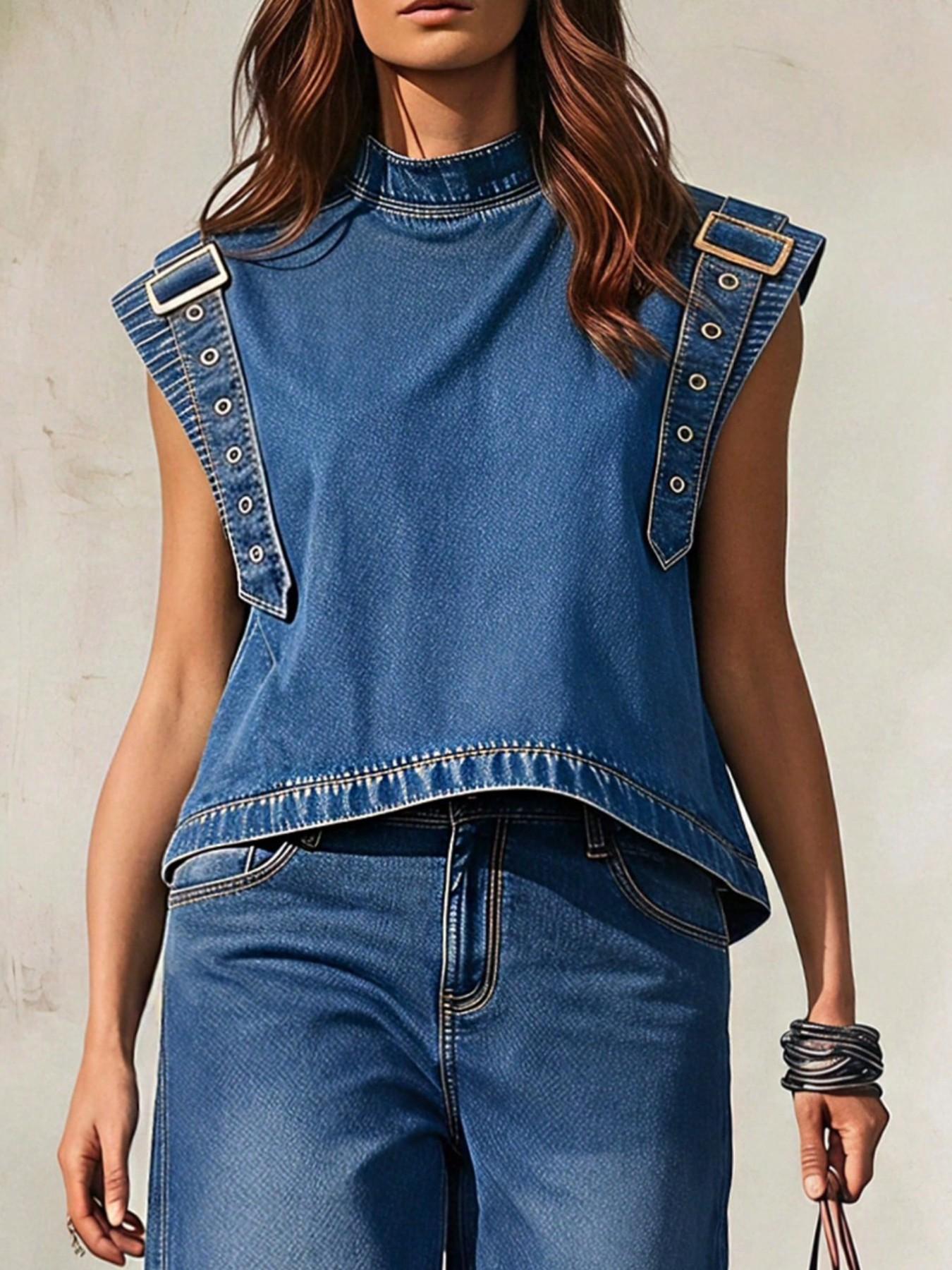 Women's Stand Collar Sleeveless Loose Fit Denim Top, Perfect for Summer Daily Wear, Casual Fashion Shirt
