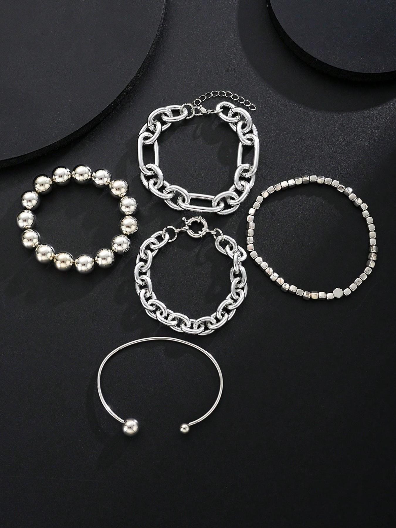 5pcs Vintage Exaggerated Minimalist Old Coin Design Bracelet Set, Chunky Chain & Bead, Ideal for Date, Vacation, Party, Holiday Gift for Women