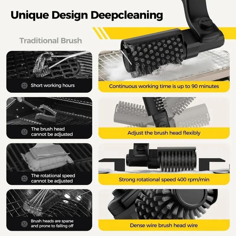 Automatic Electric BBQ Grill Brush, Wireless Charging, Premium Stainless Steel Brush, BBQ Tool, Removes Rust and Grill Grease, 2 Replacement Cleaning Brushes, Deep Cleaning BBQ Accessory for All BBQ Types and Grills