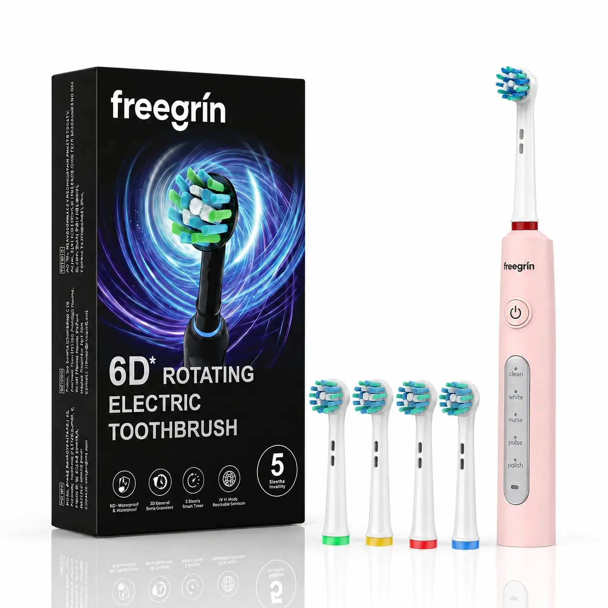 Freegrin 6D Rotating Electric Toothbrush, 5 Cleaning Modes, Soft Dupont Bristles, Ipx7 Waterproof, Type-C Rechargeable