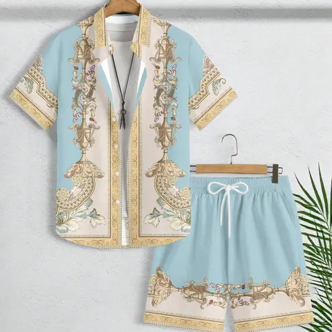 Men's Light Blue Baroque Scroll Two-Piece Set, Vintage Floral Vase Print Collar Shirt + Drawstring Shorts, Casual Loose-Fit All-Season Summer Clothes