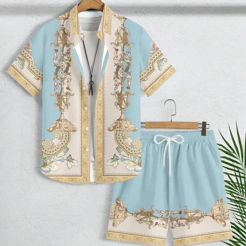Men's Light Blue Baroque Scroll Two-Piece Set, Vintage Floral Vase Print Collar Shirt + Drawstring Shorts, Casual Loose-Fit All-Season Summer Clothes
