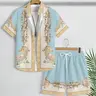 Men's Light Blue Baroque Scroll Two-Piece Set, Vintage Floral Vase Print Collar Shirt + Drawstring Shorts, Casual Loose-Fit All-Season Summer Clothes