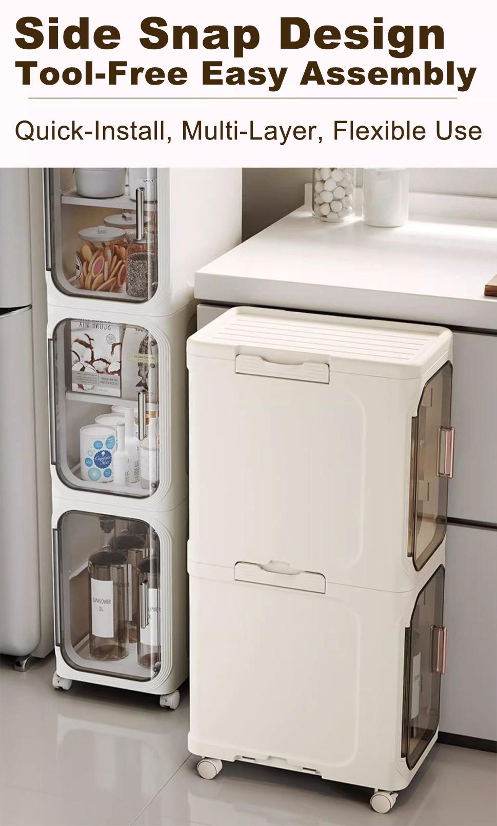 Slimline Storage Box Clear View Door Magnetic Latch Collapsible No Installation Mobile Wheels Space Saver Organizer