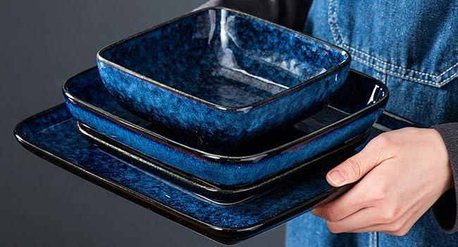 vancasso Stern Blue/Green Dinner Set Square Reactive Glaze Tableware 12/16 Pieces Kitchen Dinnerware Stoneware Crockery Set with Dinner Plate, Dessert Plate, Bowl Service for 4 People Ceramics