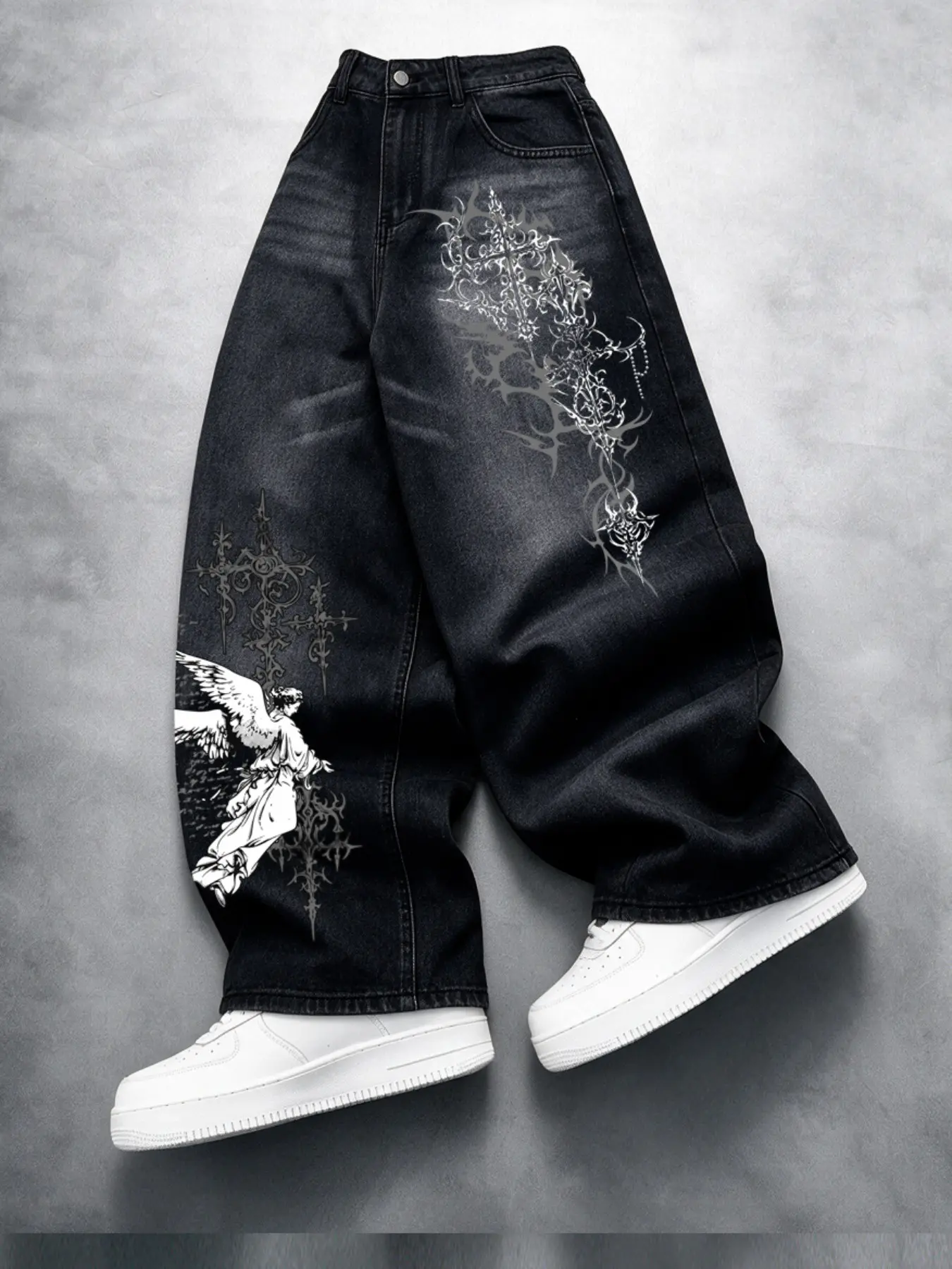 Men's Y2K Hip Hop Wide Leg Jeans, Vintage Wash Angel Cross Print, Loose Fit Street Denim Jeans, All Seasons Daily Wear