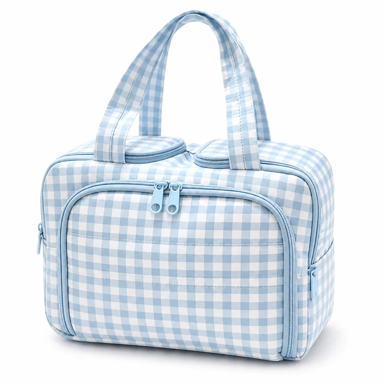 Velvet Makeup Bag Large Capacity Travel Toiletry Organizer Double Opening Plaid Cosmetic Case Portable Partitioned Skincare Storage Pouch For Women Daily Casual Use Cute Plaid Stitching Design Soft Touch Zipper Closure Blue Red Yellow