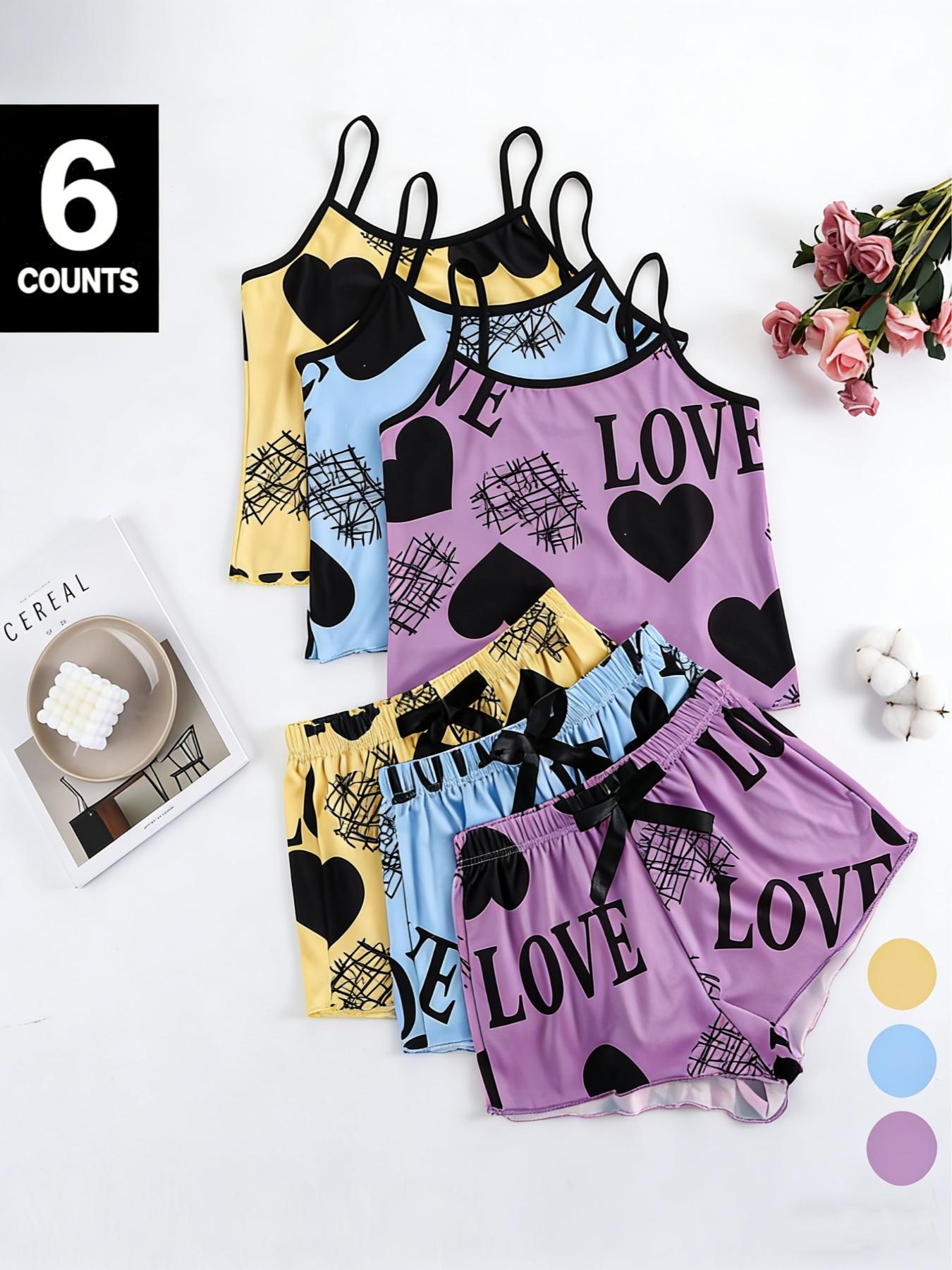 2 Pieces/ 6 Pieces  Women's Heart & Letter Print Lettuce Trim Pyjama Set, Casual Spaghetti Strap Cami Top & Bow Decor Shorts, Summer Sleepwear Loungewear Set for Women