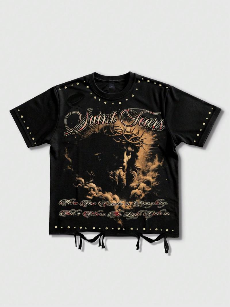 Jesus Christian printed short sleeved T-shirt for men loose fit, saint English letter believer aesthetic shirt T-shirt, street trend portrait Jesus geometric men's short sleeved retro American style