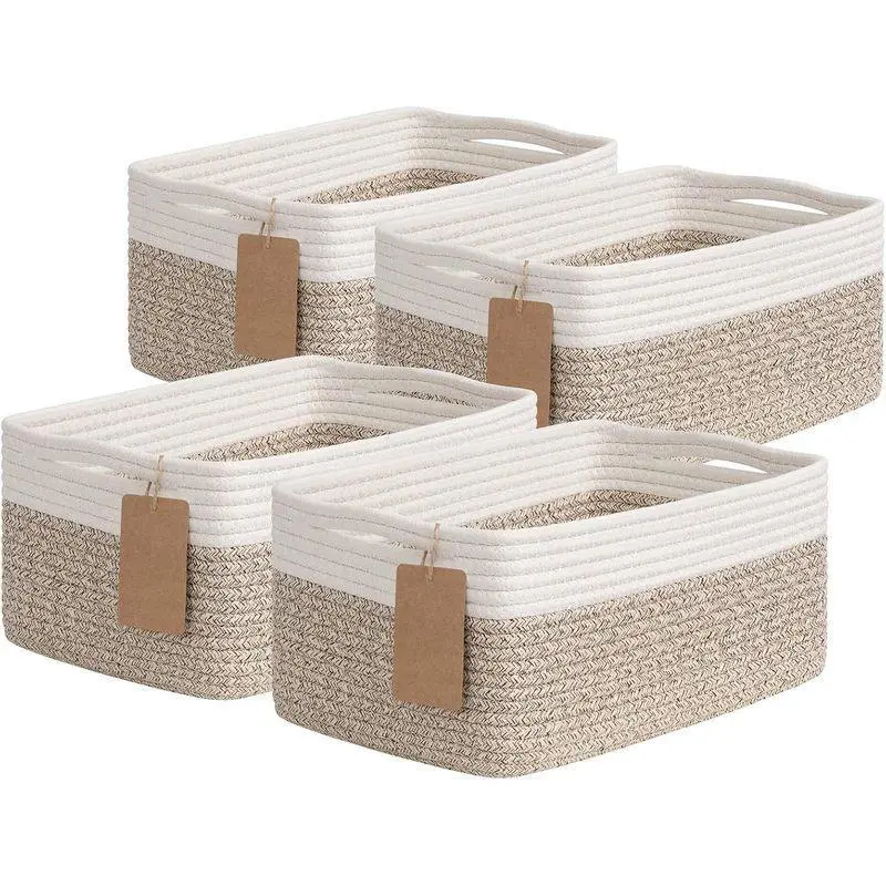 4 Pack Cotton Rope Storage Baskets for Organizing Shelves, 13 x 8 x 6 in Light Brown & White Rectangular Woven Bins for Closet, Under Bed, Nursery, Baby Nursery
