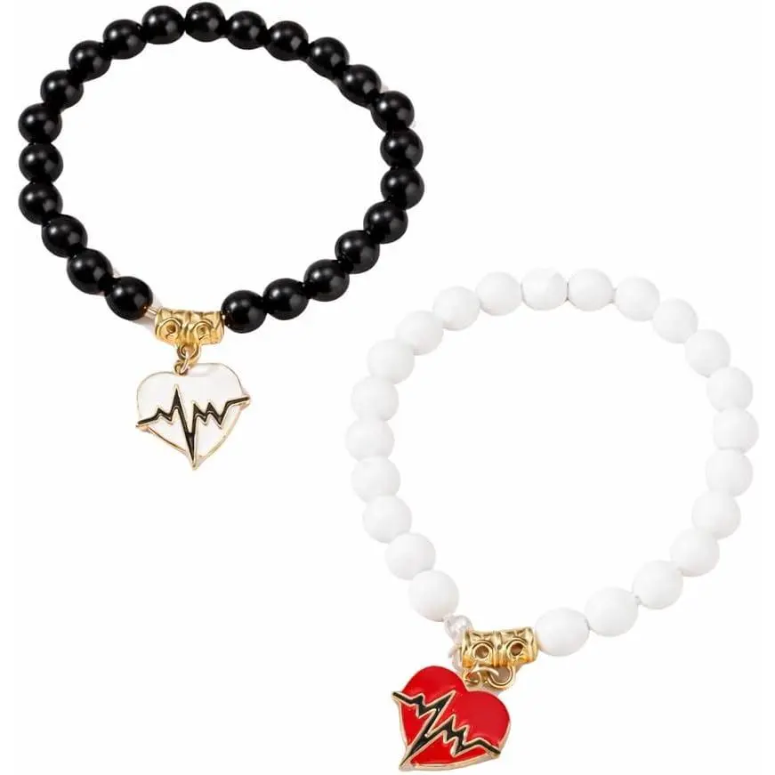 Matching Heartbeat  Beaded Bracelets Set for Couples, Stretch Stone Bead Bracelets with Heart ECG Pendant, Friendship and Love