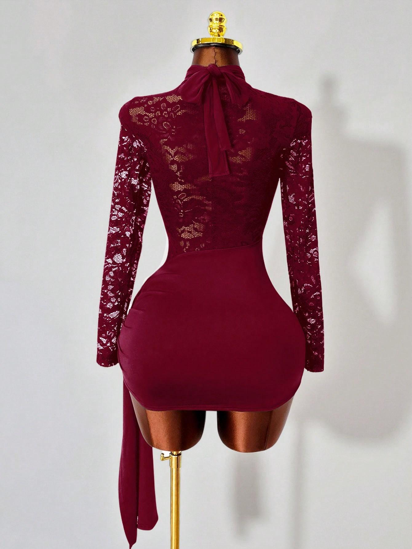 Women's Sexy Elegant Sheer Patchwork Lace Halter-Neck Long Sleeve Bodycon  Dress Womenswear for Dates, Stage, Party, Elegance - TikTok Shop