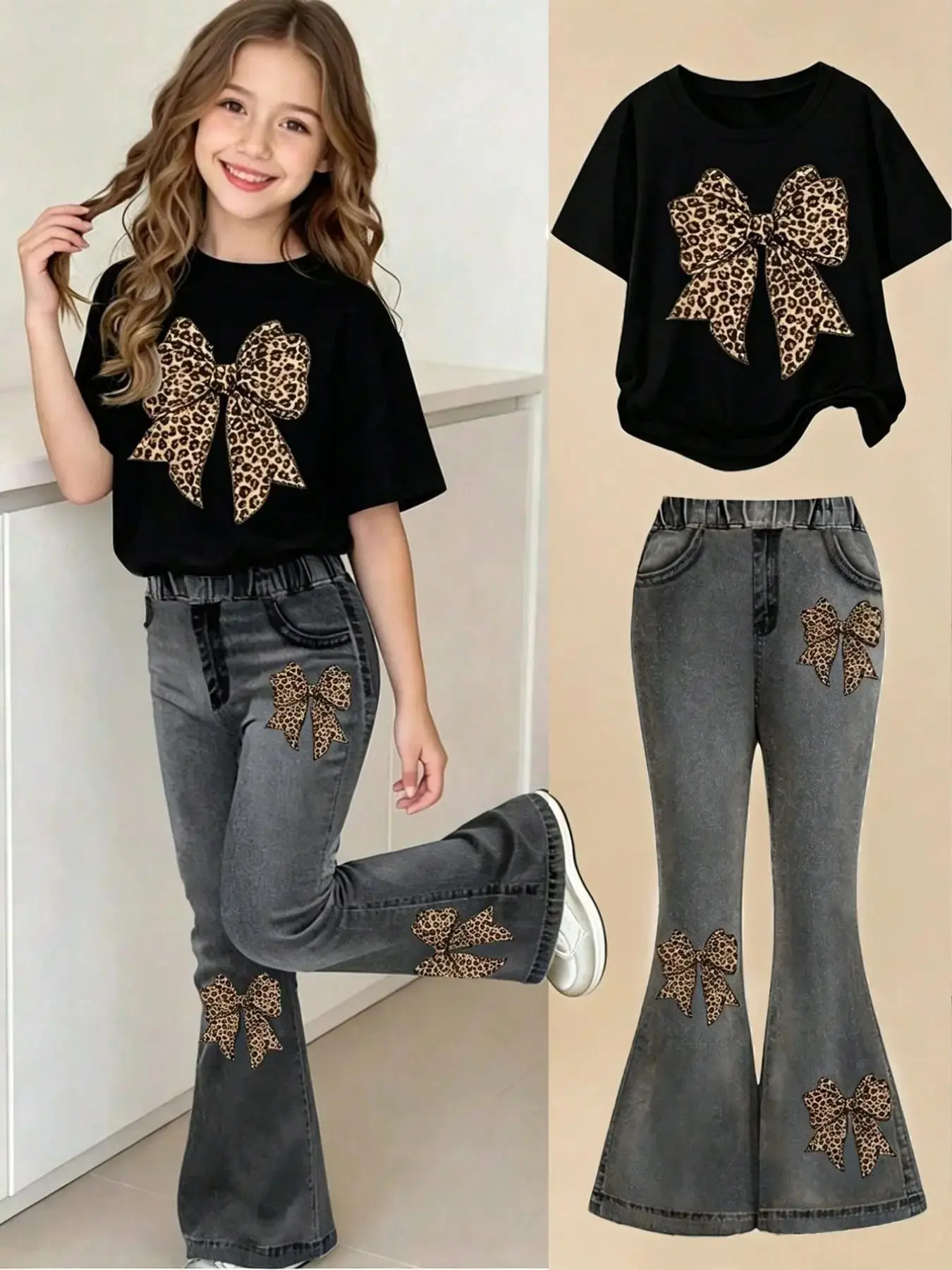 Sweet Cool Girl Fashion Girls' Casual Set, Leopard Print Bow + Digital Print Bell Pants, Comfortable Elastic Waist, All Seasons, Ages 4-12
