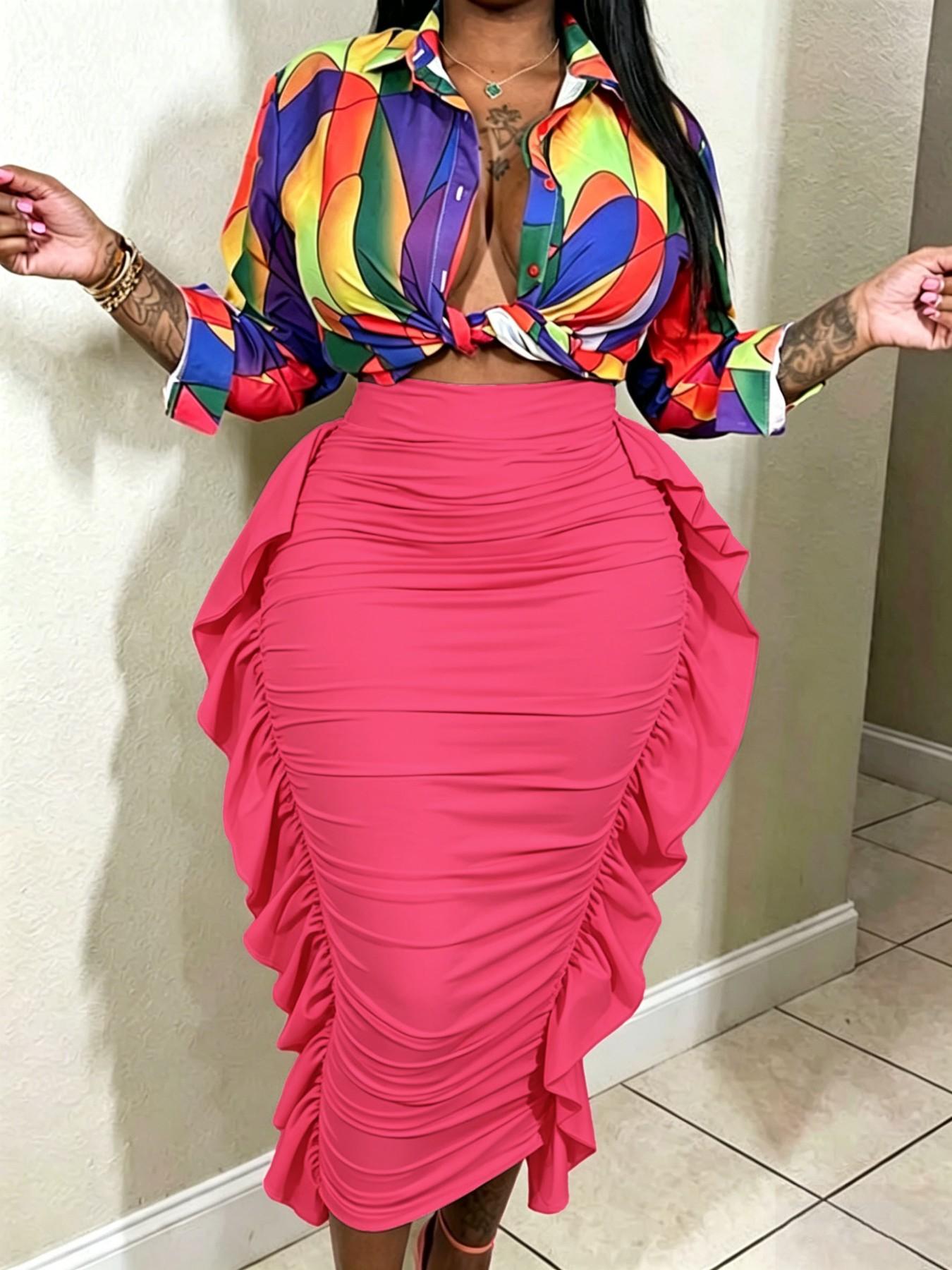 Spring Autumn Women's Solid High Waist Ruffle Bodycon Fit Midi Skirt, Casual Daily Wear, Vacation Style, Chic, Elegant and Comfortable