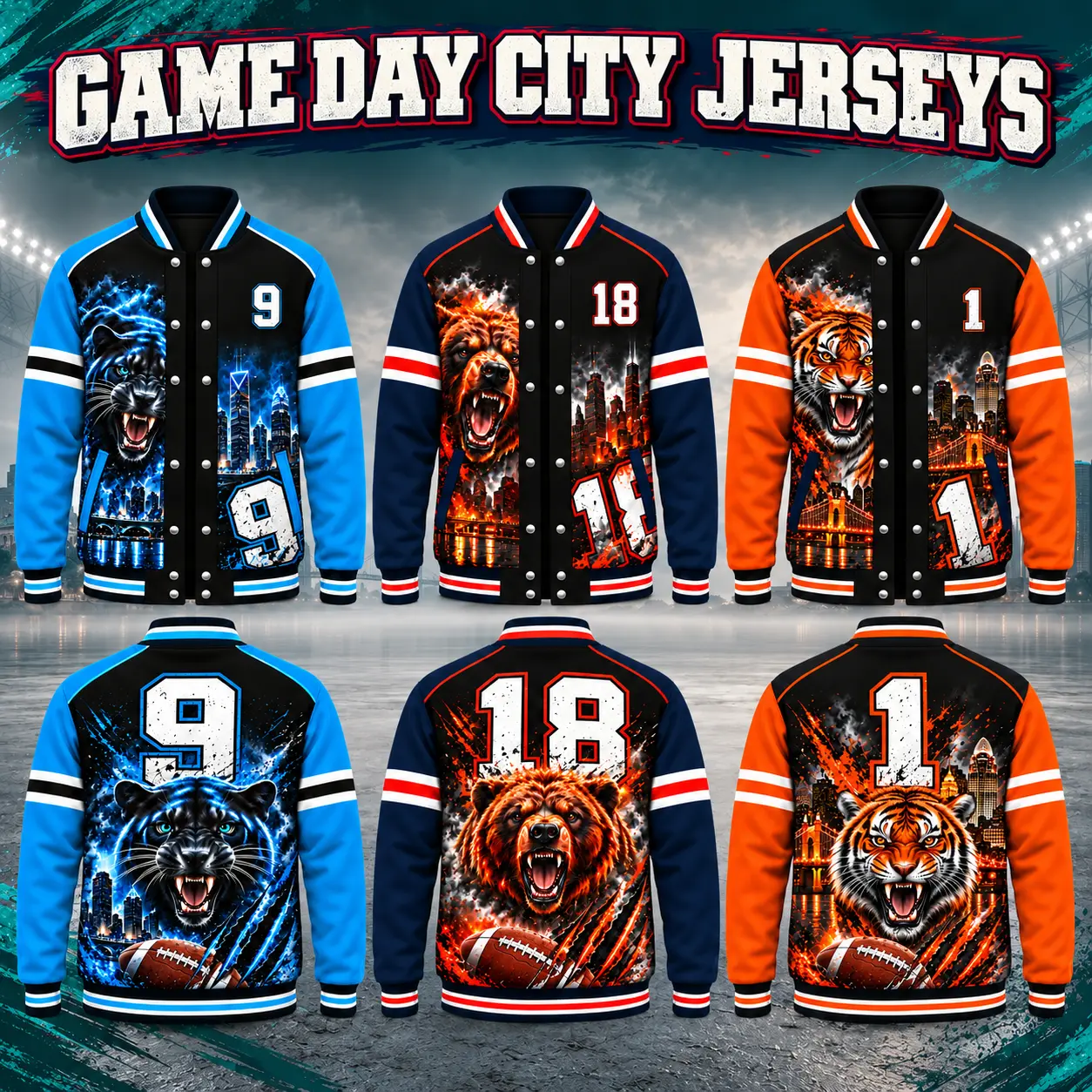 Retro Football Letterman Jacket for Men Women Unisex Game Day Graphic Bomber Tailgate Team Mascot City Skyline Color Block Striped Sleeve Snap Button Ribbed Collar Streetwear Relaxed Fit Back Print Stadium Outerwear Fan Gift Couple