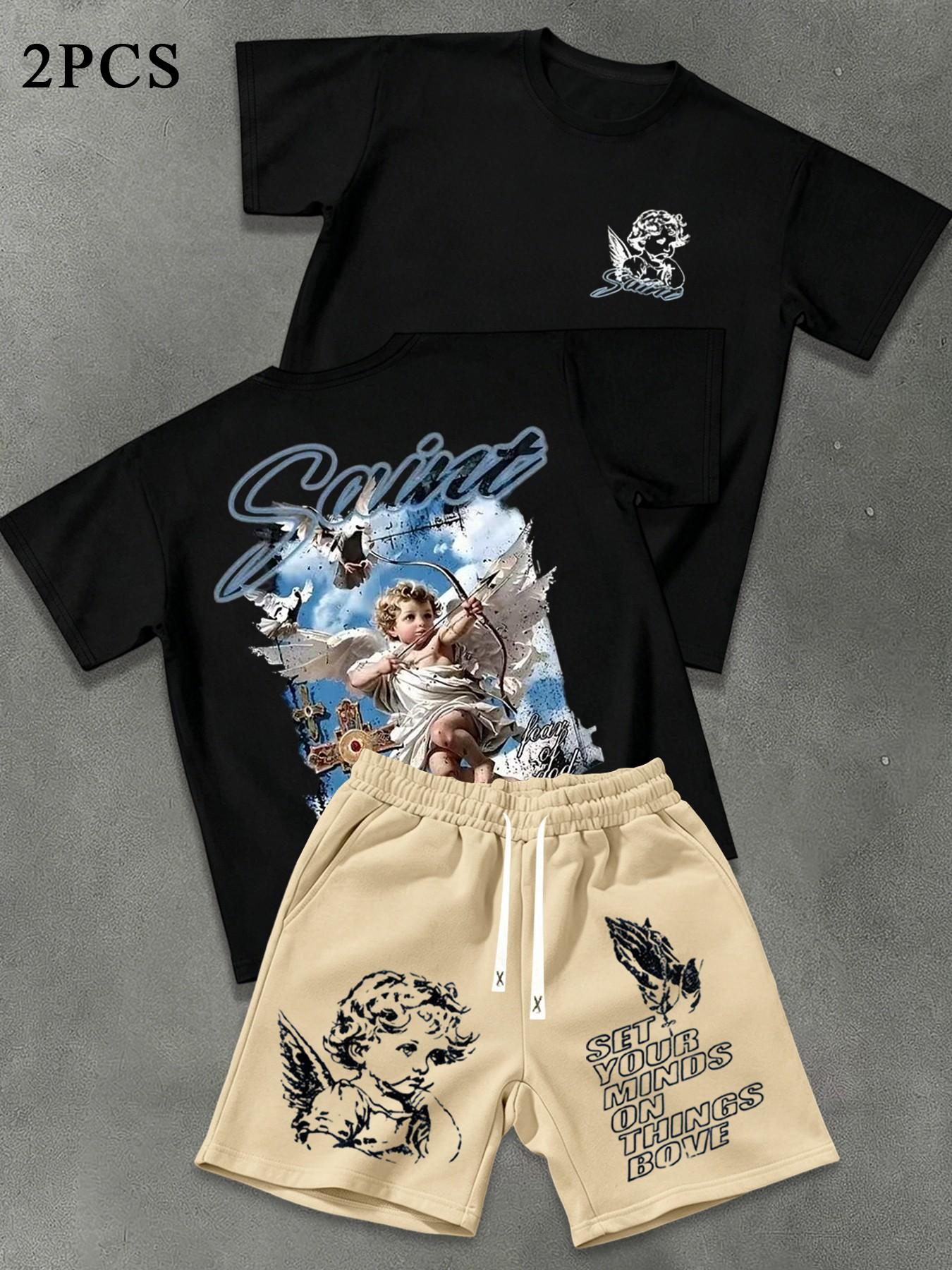 Men's Summer Angel Print 2-Piece Outfit Set, Matching Sets, Round Neck Casual Short Sleeve Top and Loose Drawstring Shorts, Ideal for Outdoor Activities and Streetwear Clothes