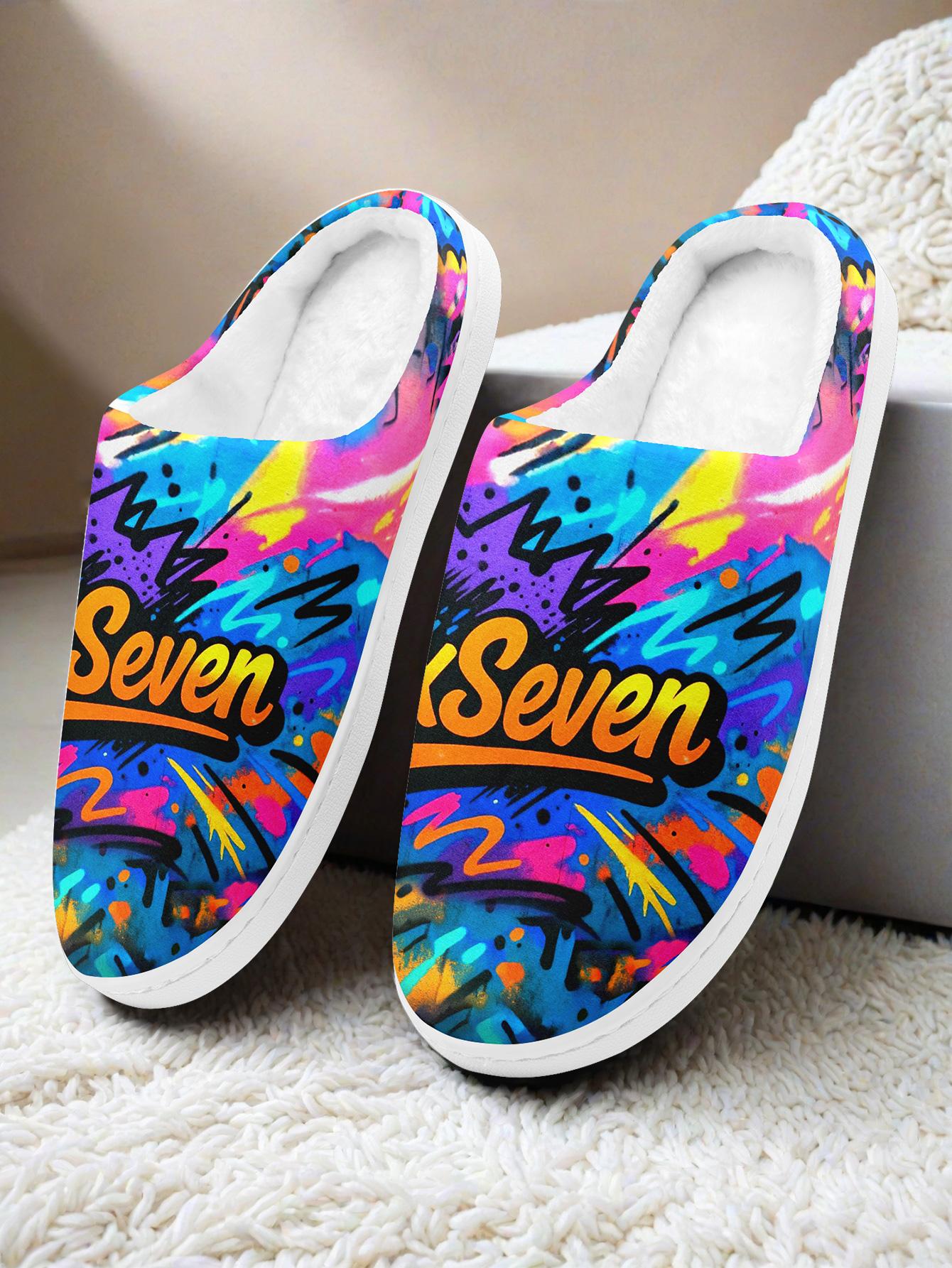 Men's Plus Size "SixSeven" Colorful Graffiti-Pattern Warm Indoor Slippers - Comfortable Cozy Home Footwear for Autumn & Winter