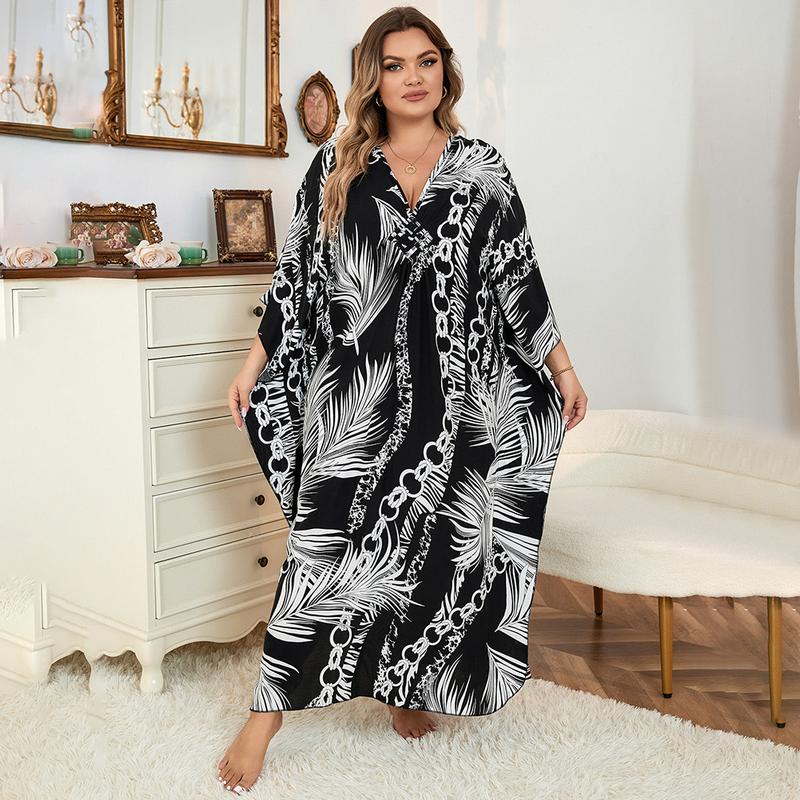 Bsubseach Women Ethnic Print Kaftan Dress ，Plus Size All Over Print  Sleeve TunicDress, Boho Casual V Neck 3/4 Sleeve TunicDress for Women, Women's Plus Cover Up,Mrs. Roper Kaftan ，bubu，mumu，Casual Womenswear Summer Bohemian
