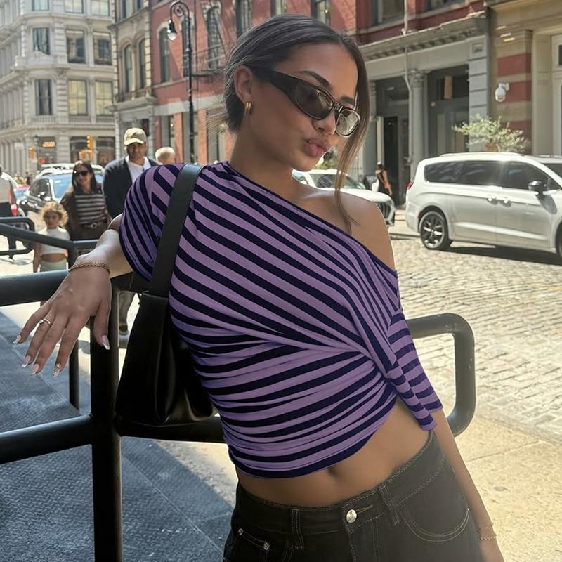 Women Summer Fashion Short Sleeve Asymmetrical One Shoulder Striped Asymmetric Hem T Shirt Tops Tee Casual Daily Tops