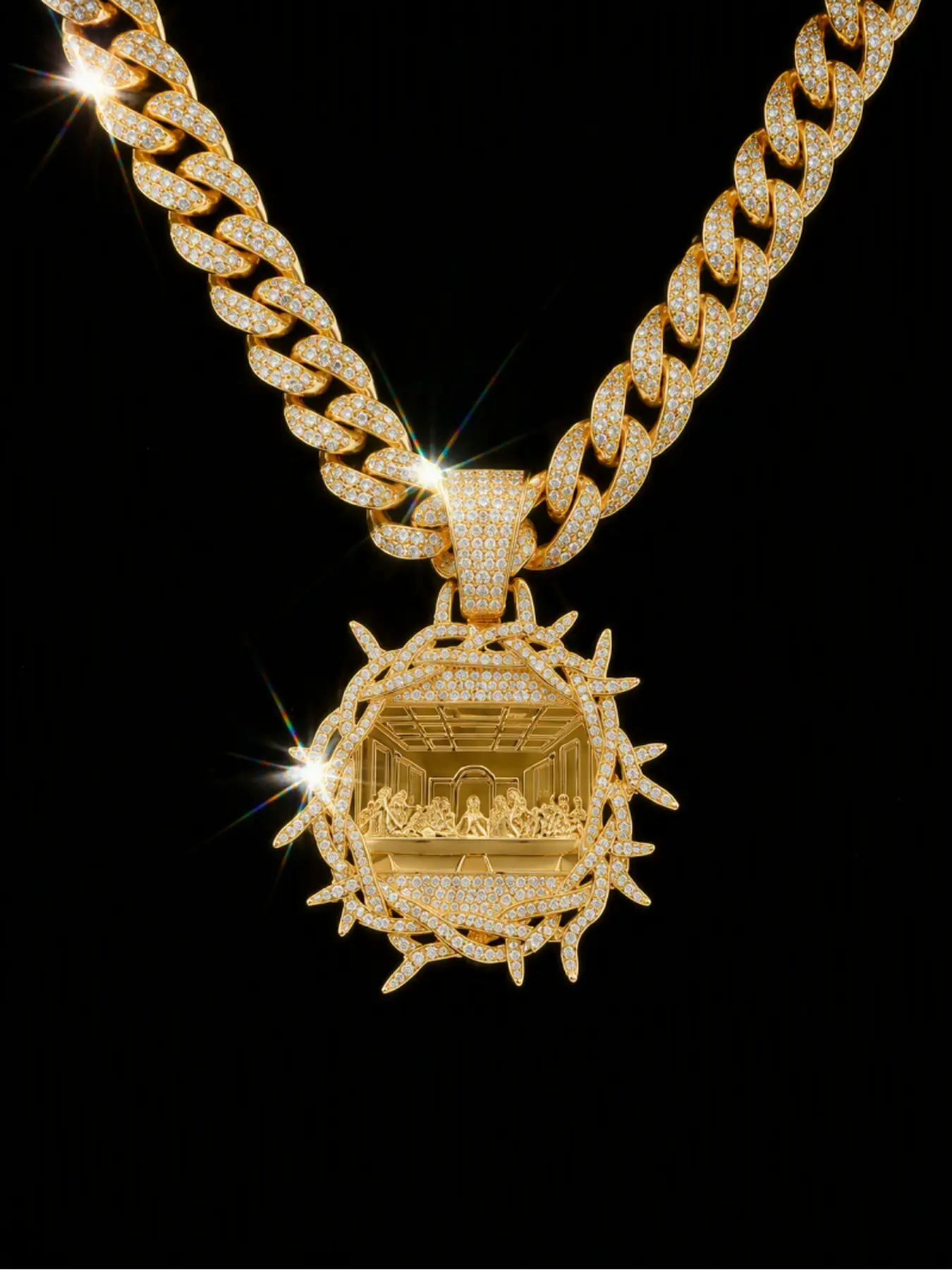 Iced Last Supper Pendant Cuban Link Necklace, Thorn Frame Hip Hop Chain, Unisex Streetwear Bling Neck Jewelry Gift