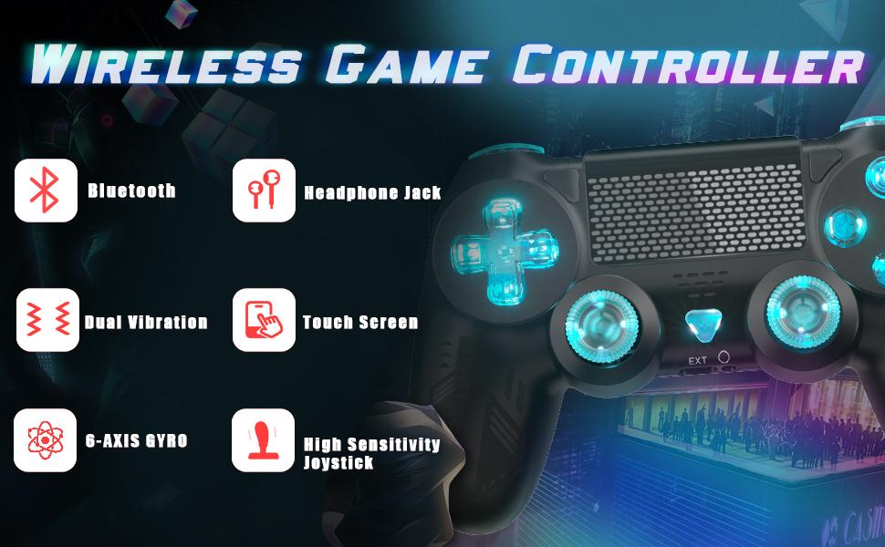 Gaming Controller for PS4 with LED Light – Wireless, Turbo, Dual Vibration, 6-Axis Motion Sensor, Touch Pad, for PS4/Slim/Pro