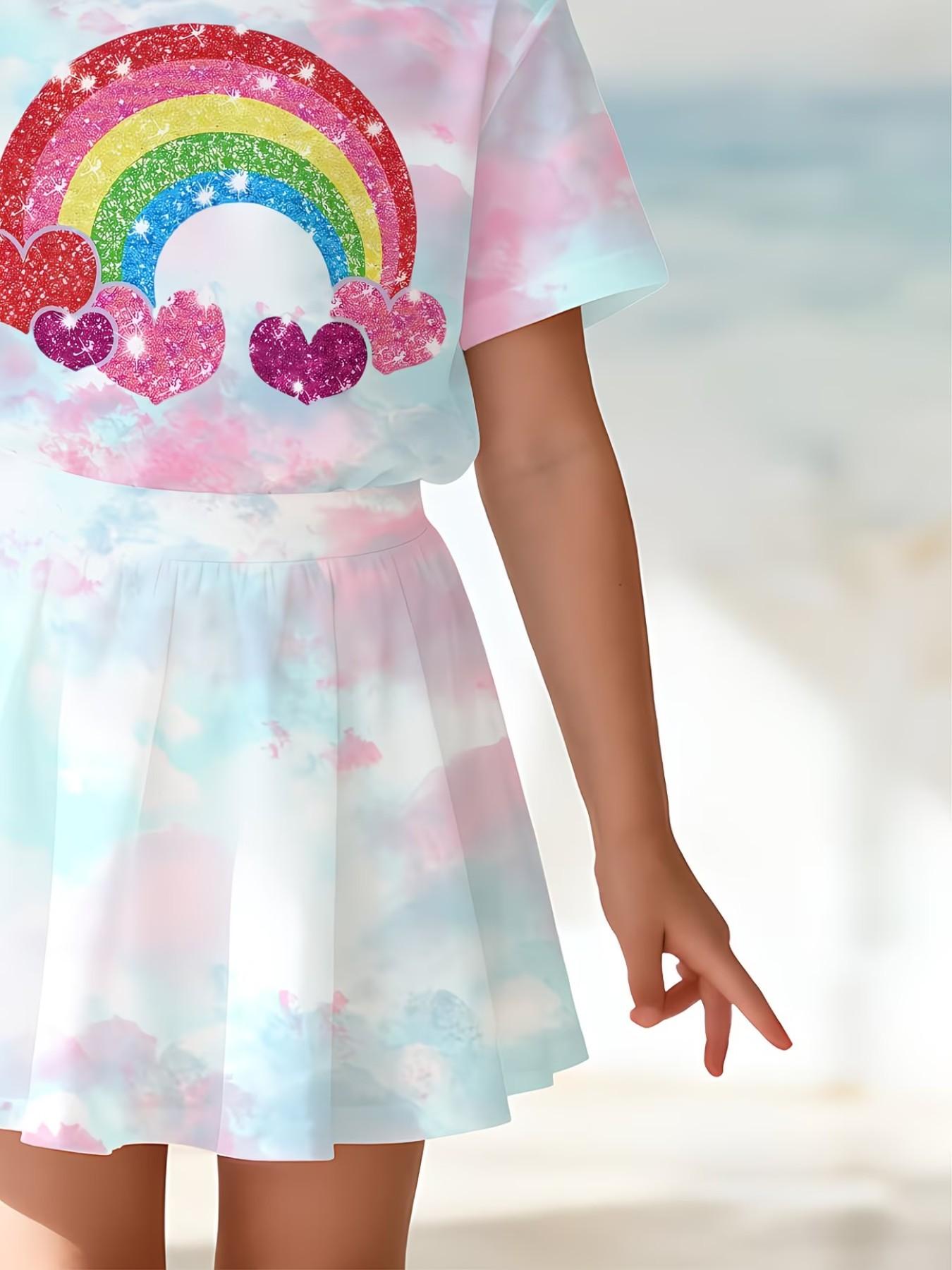 Girls' 3D Heart Rainbow Print Top and Skirt Set, Casual Slim-Fitting Summer, Round Neck Short Sleeve, Daily Wear