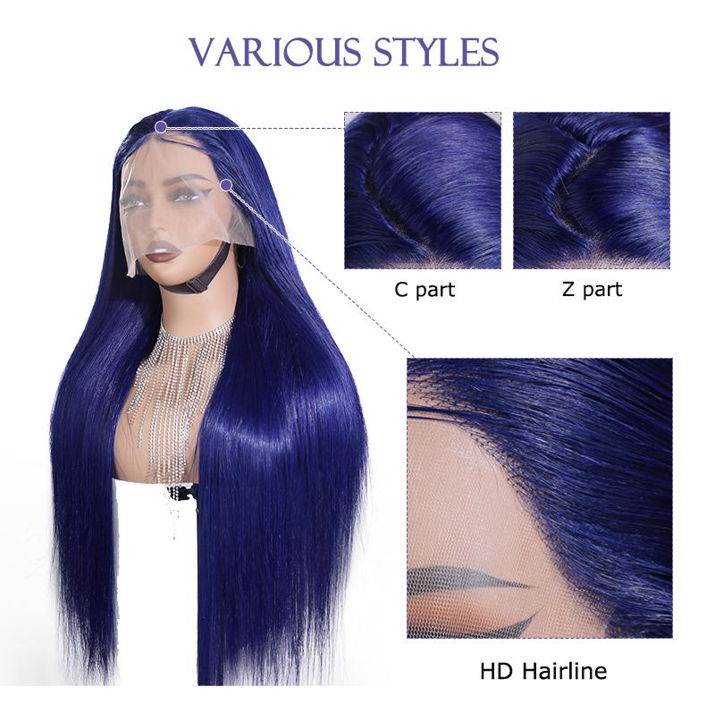 eullair Dark Blue Straight Wig 13x4 Glueless Wigs Pre Plucked Hd Lace Long Straight Dark Blue Wig For Women With Baby Hair