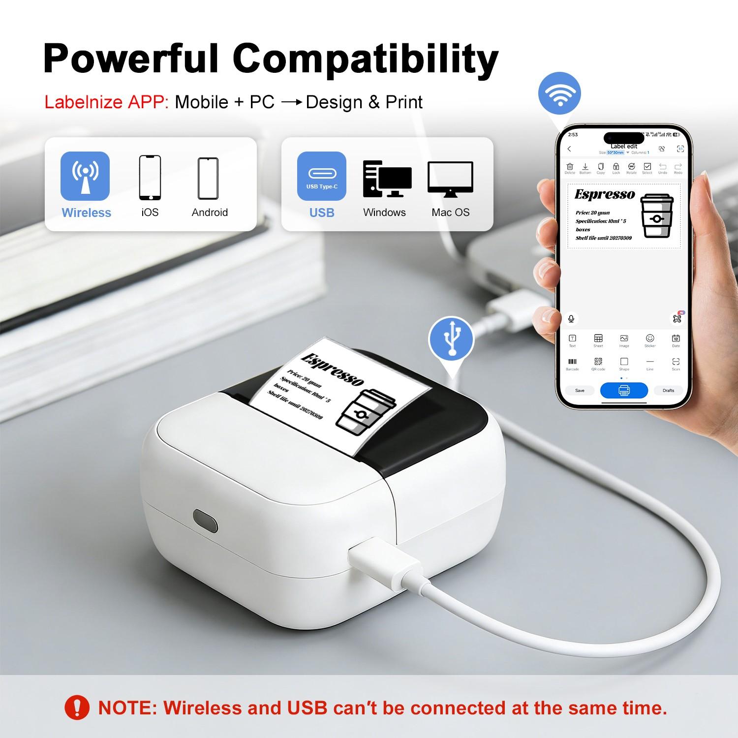 Portable Inkless Thermal Label Printer, Bluetooth-compatible Mini Label Maker for Small Business, Price Tags & Home Organization, Tattoo Design Printing