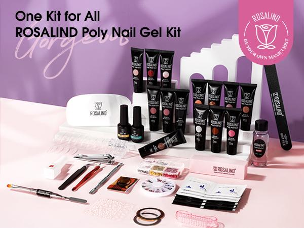 ROSALIND 14Colors Poly Nail Gel Kit with Mini 8LED UV Nail Lamp Drying Nail Art Accessories kit,Clear Pink Glitter Gel Manicure Builder Nail Strengthener Gel for Starter Cutics Extension Nail Gel Drying
