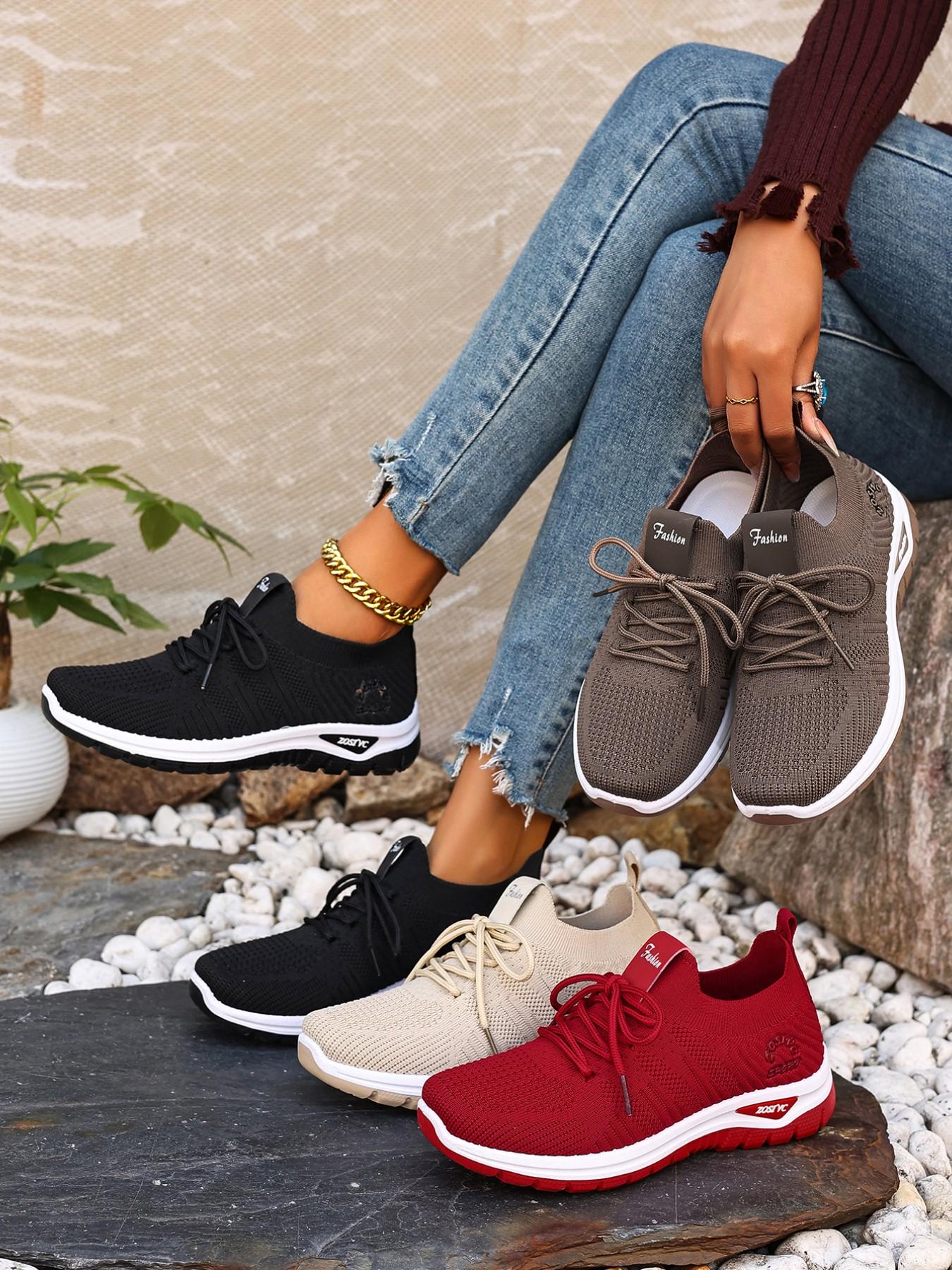 Women's New Casual Sports Shoes, Lace-Up Low-Top Comfort, Lightweight Soft Sole, Anti-Slip Walking Shoes, Knitted Running Shoes