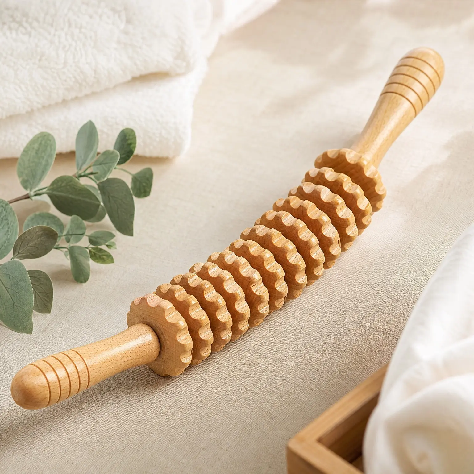 Cellulite Massage Tool Wood Therapy Fascia Blaster Roller Lymphatic Drainage Massager Deep Tissue Massage Stick for Legs Thighs Muscle Relief Recovery White 12-Wheel