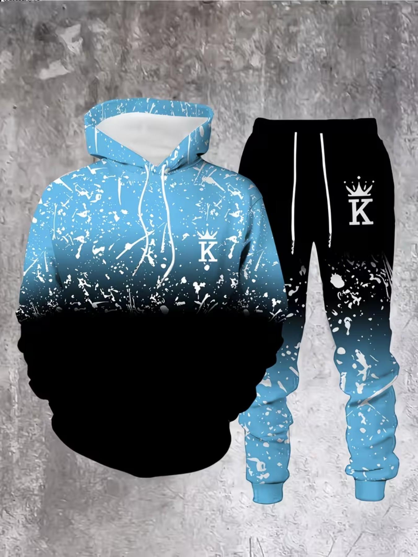 Men's 3D Digital Print Gradient Hoodie Set, Loose-Fit Long Sleeve Sweatshirt and Pants, Casual All-Season, Perfect Gift, Hooded Sweatshirt Set, Menswear