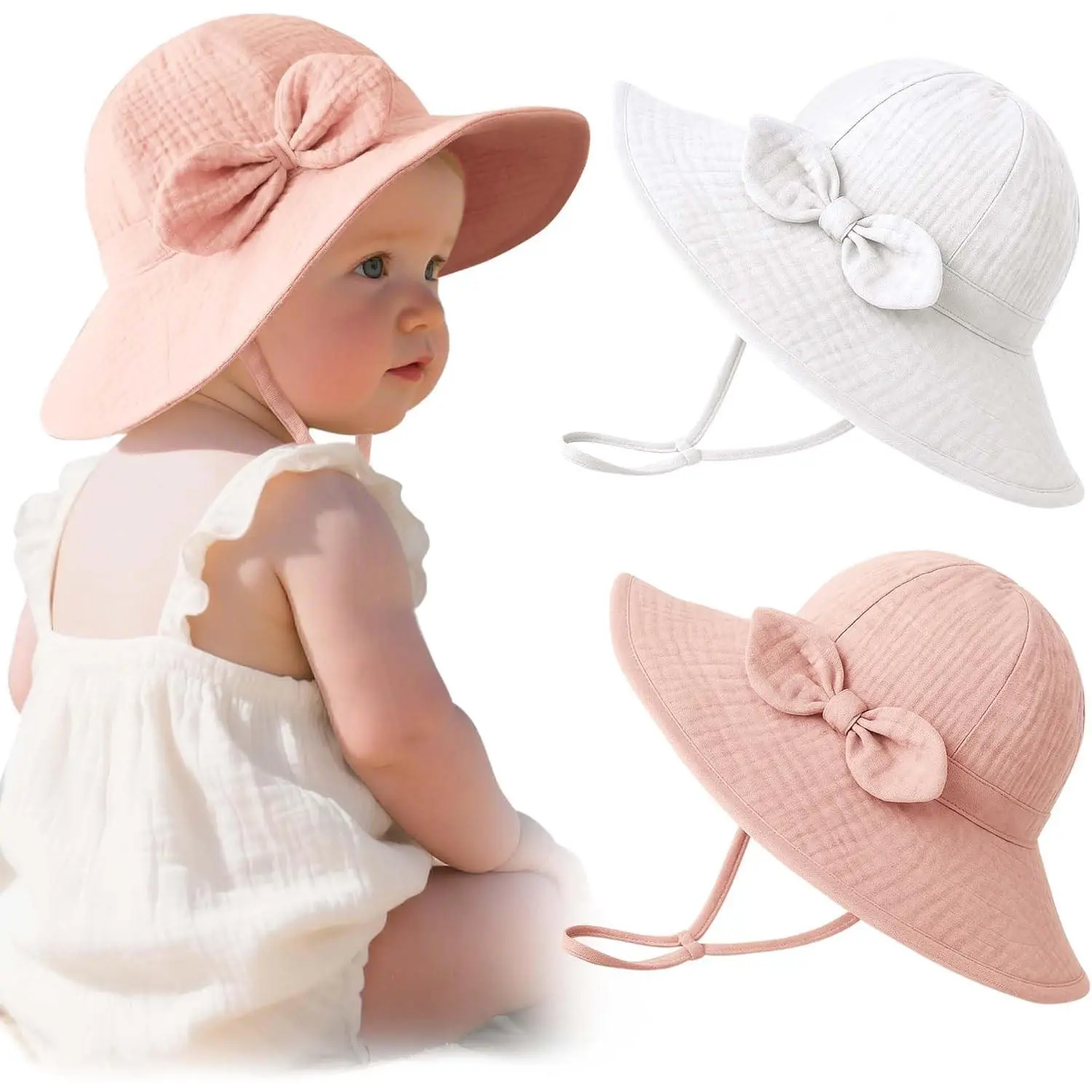 2-Pack Muslin Baby Sun Hats for Girls with Bows, UPF 50+ | 100% Cotton, Baby Bucket Hat, Adjustable Chin Strap, Sun Protection for Newborn & Infant, 0-6 & 6-12 MonthsGift