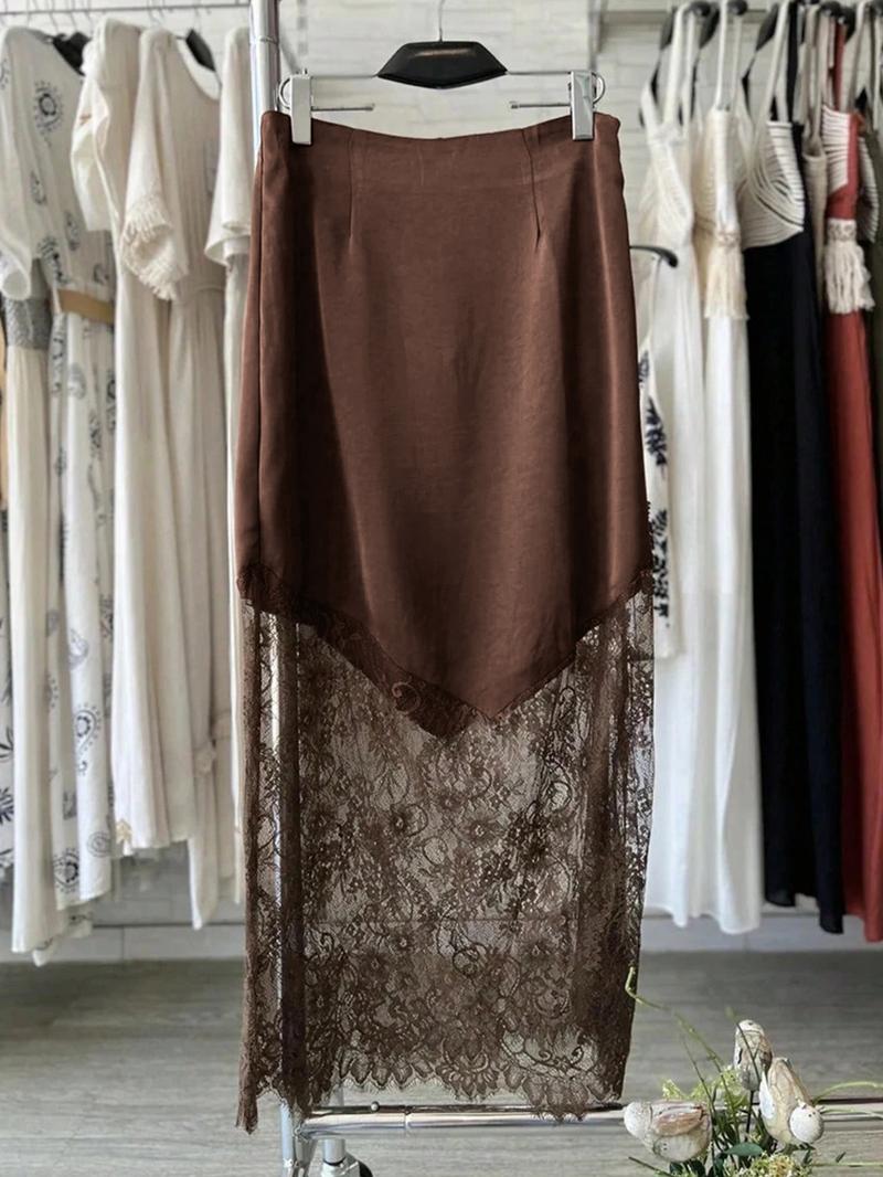 1 piece Valentine's Day Elegant Lace Patchwork Skirt, Knitted Fabric, Pure Color, Fitted , Daily Wear, Suitable for Spring and Summer